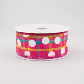 1.5" Fuchsia Spring Plaid White Polka Dot Ribbon (10 Yards)