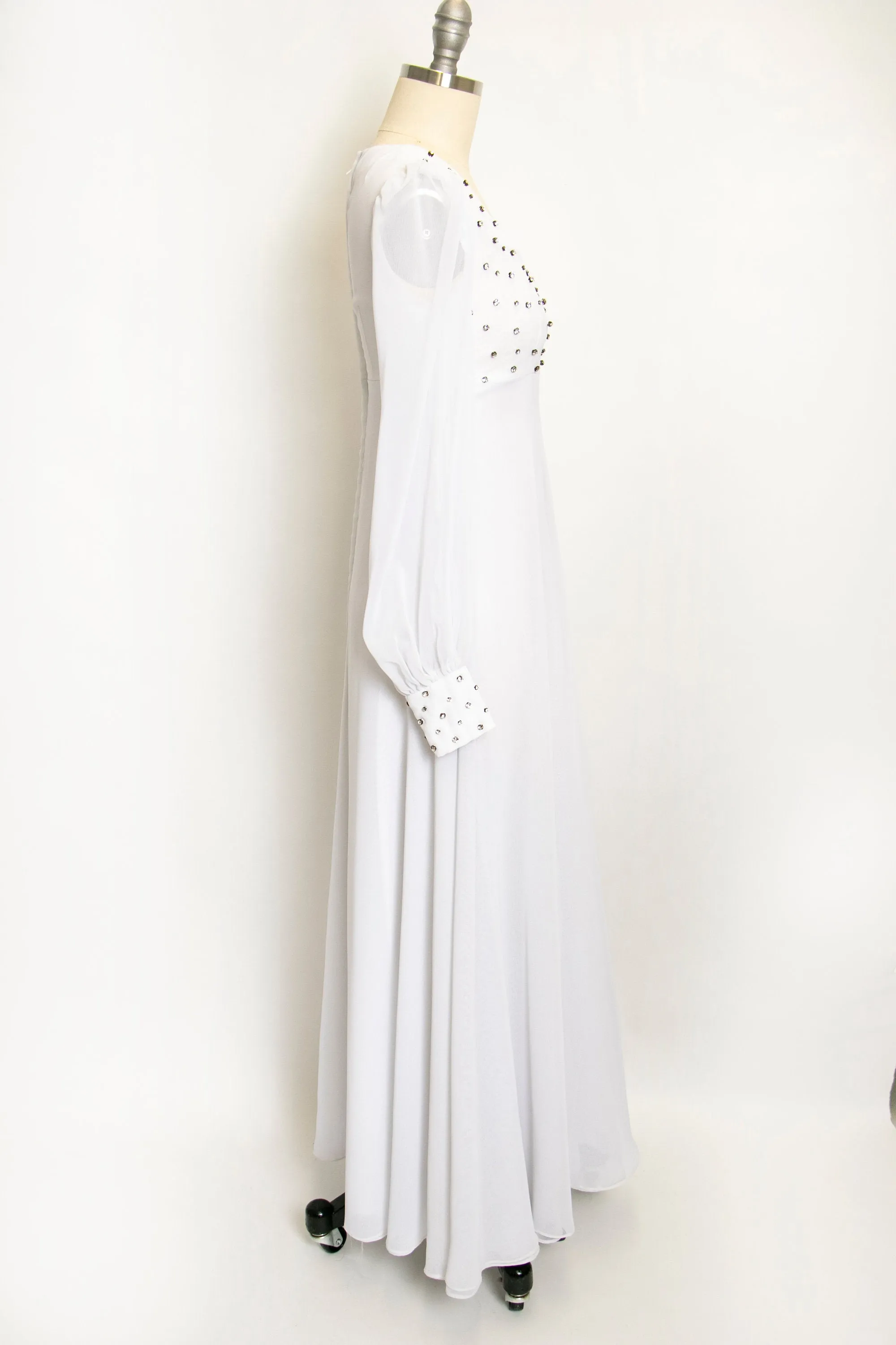 1960s Dress White Chiffon Rhinestone Wedding Maxi Gown XS