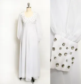 1960s Dress White Chiffon Rhinestone Wedding Maxi Gown XS