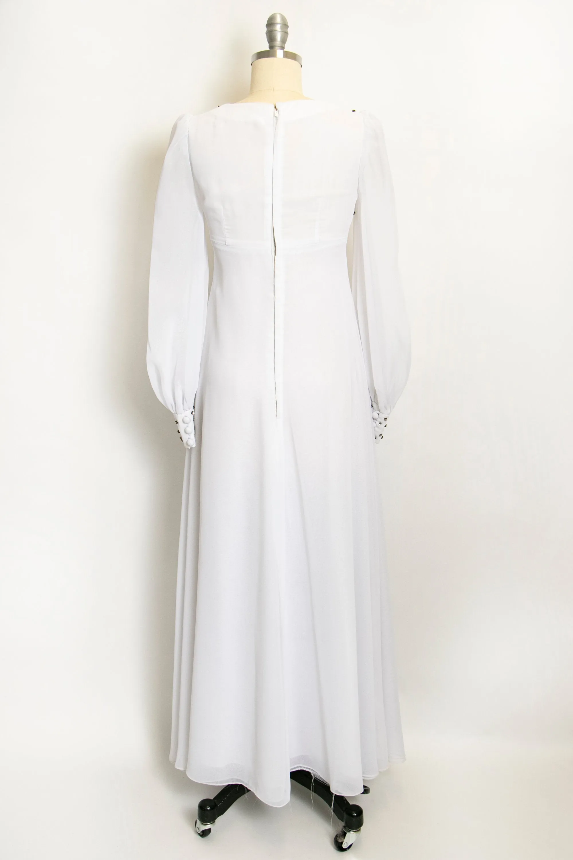 1960s Dress White Chiffon Rhinestone Wedding Maxi Gown XS