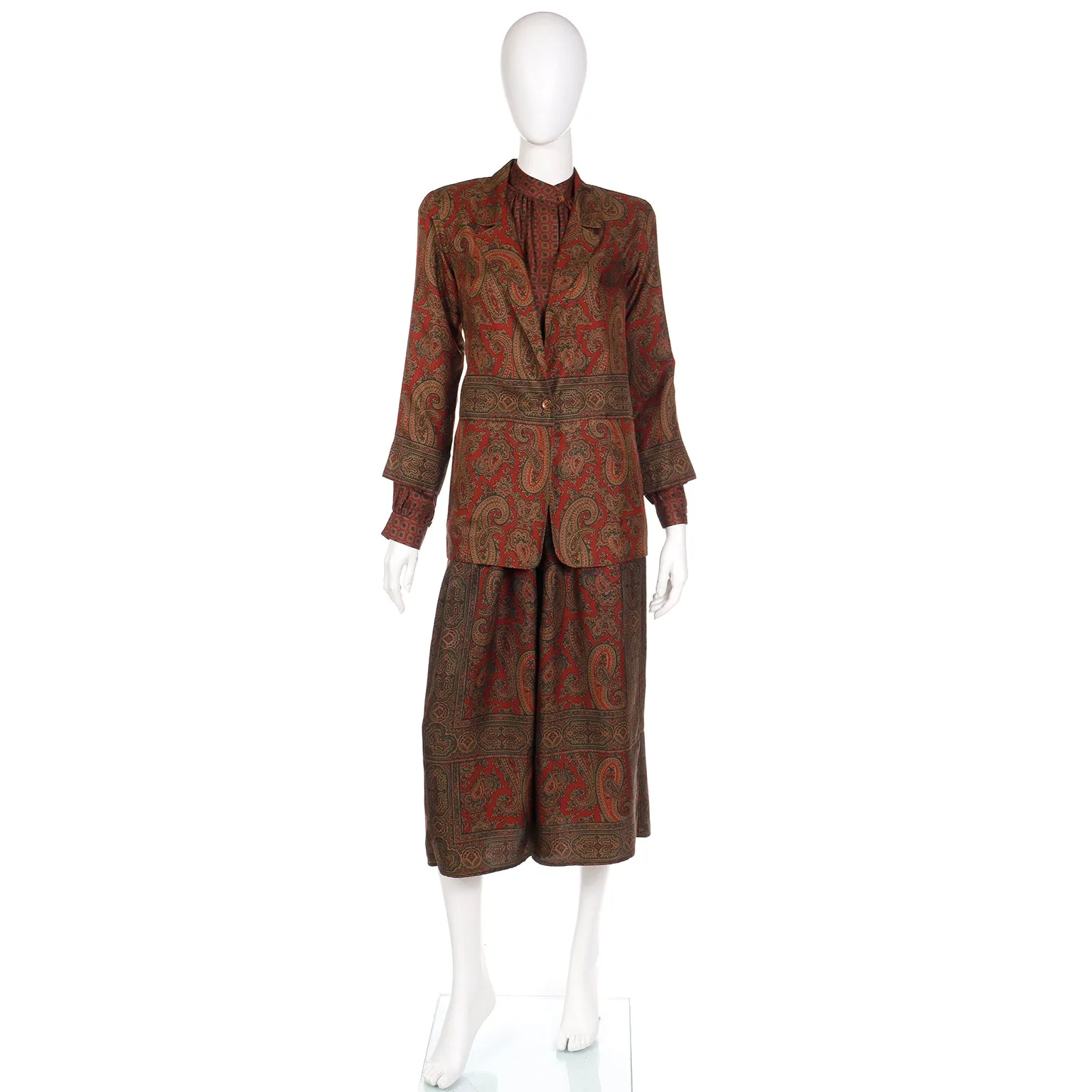 1970s Anne Klein Paisley Print Silk 3 Pc Skirt Blouse & Jacket Outfit