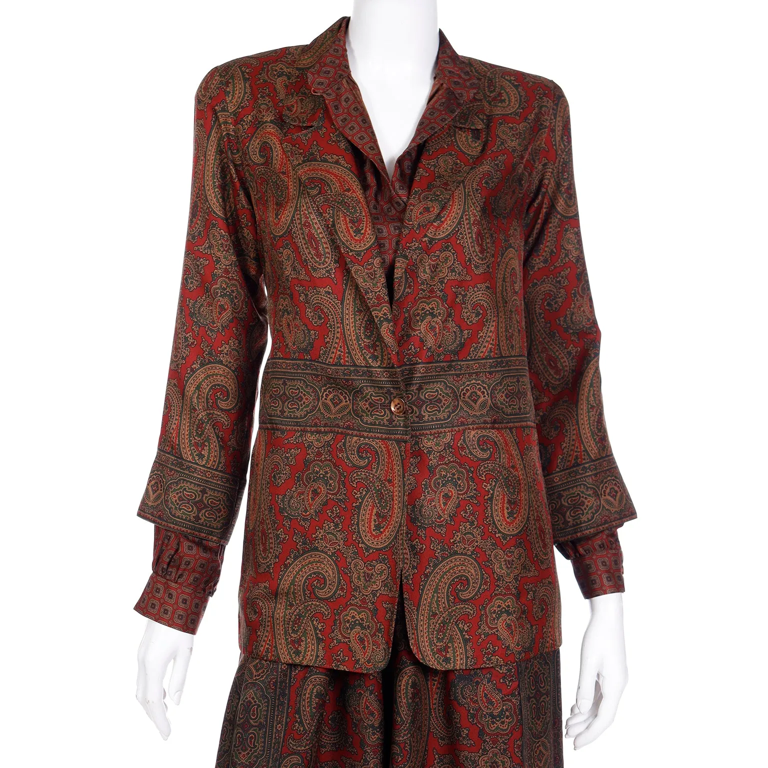 1970s Anne Klein Paisley Print Silk 3 Pc Skirt Blouse & Jacket Outfit