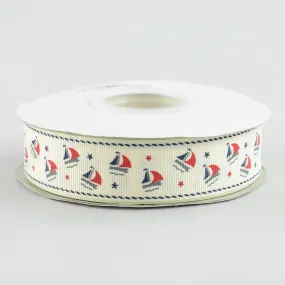 1" Sailboat Grosgrain Ribbon: Ivory, Navy & Red (25 Yards)