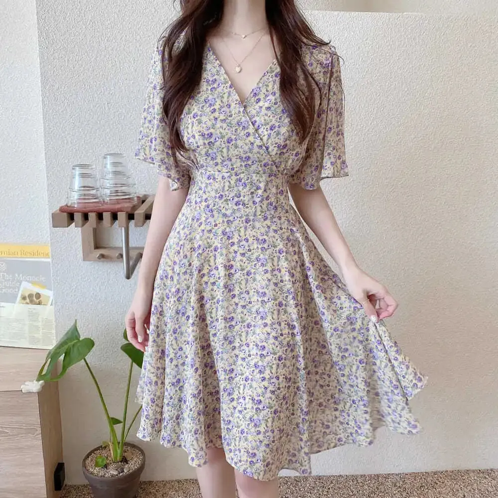 2024 Summer New Temperament Tight Waist Slim Chiffon Floral Dress