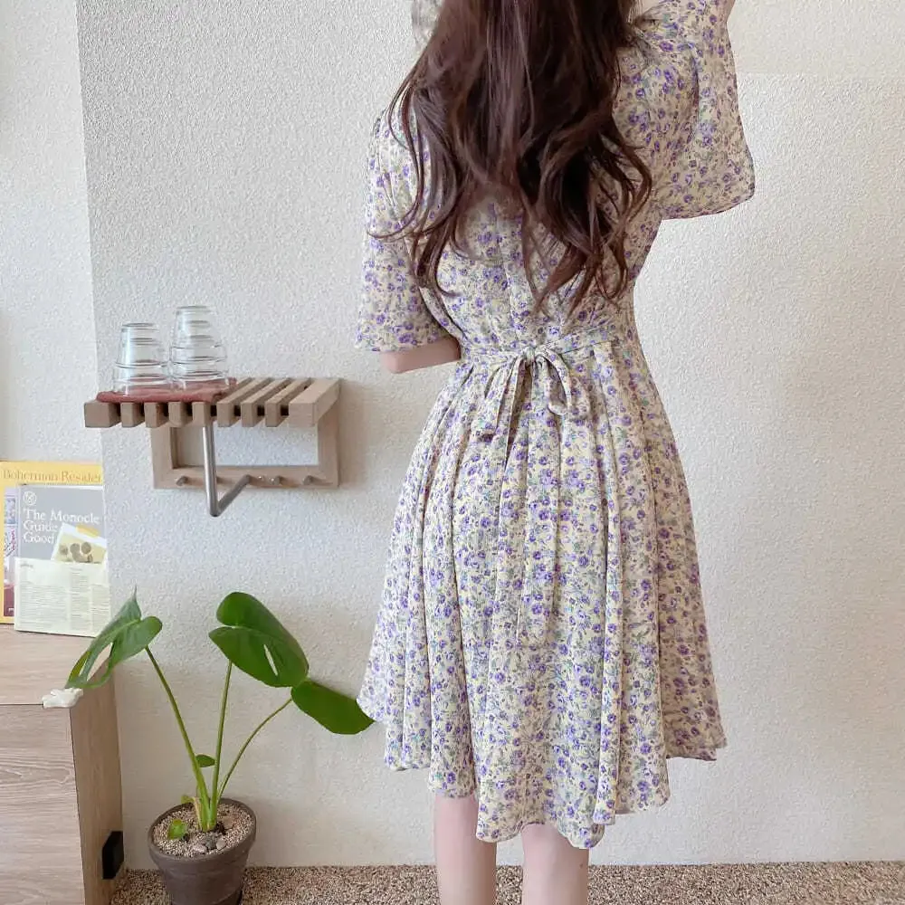 2024 Summer New Temperament Tight Waist Slim Chiffon Floral Dress