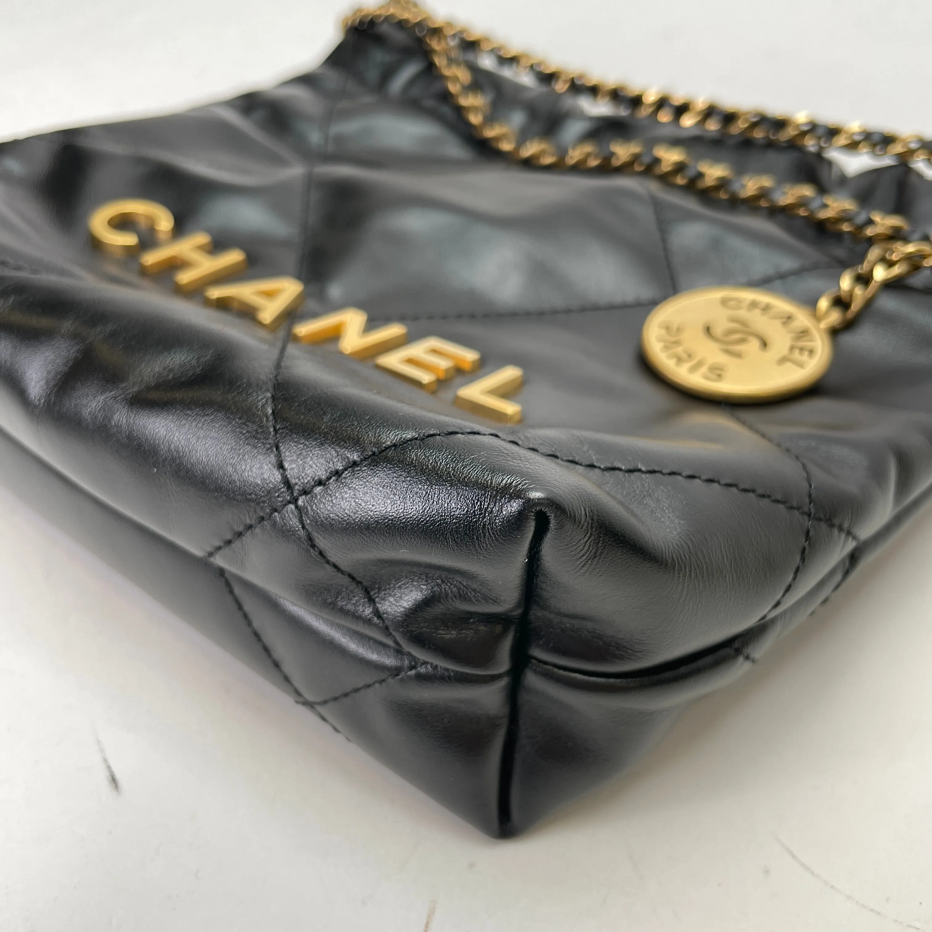 22 Mini Black Shoulder Bag in Calfskin, Gold hardware