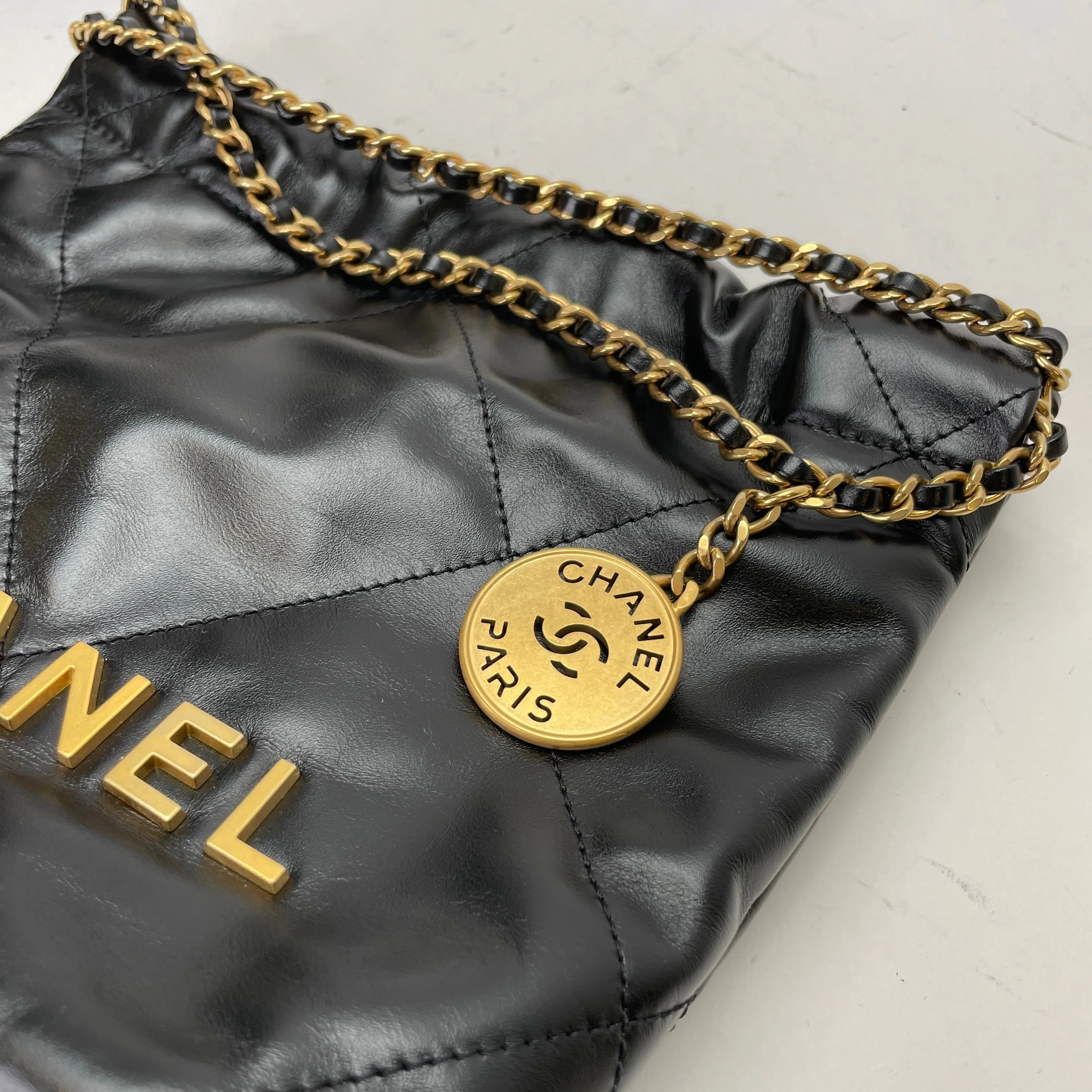 22 Mini Black Shoulder Bag in Calfskin, Gold hardware