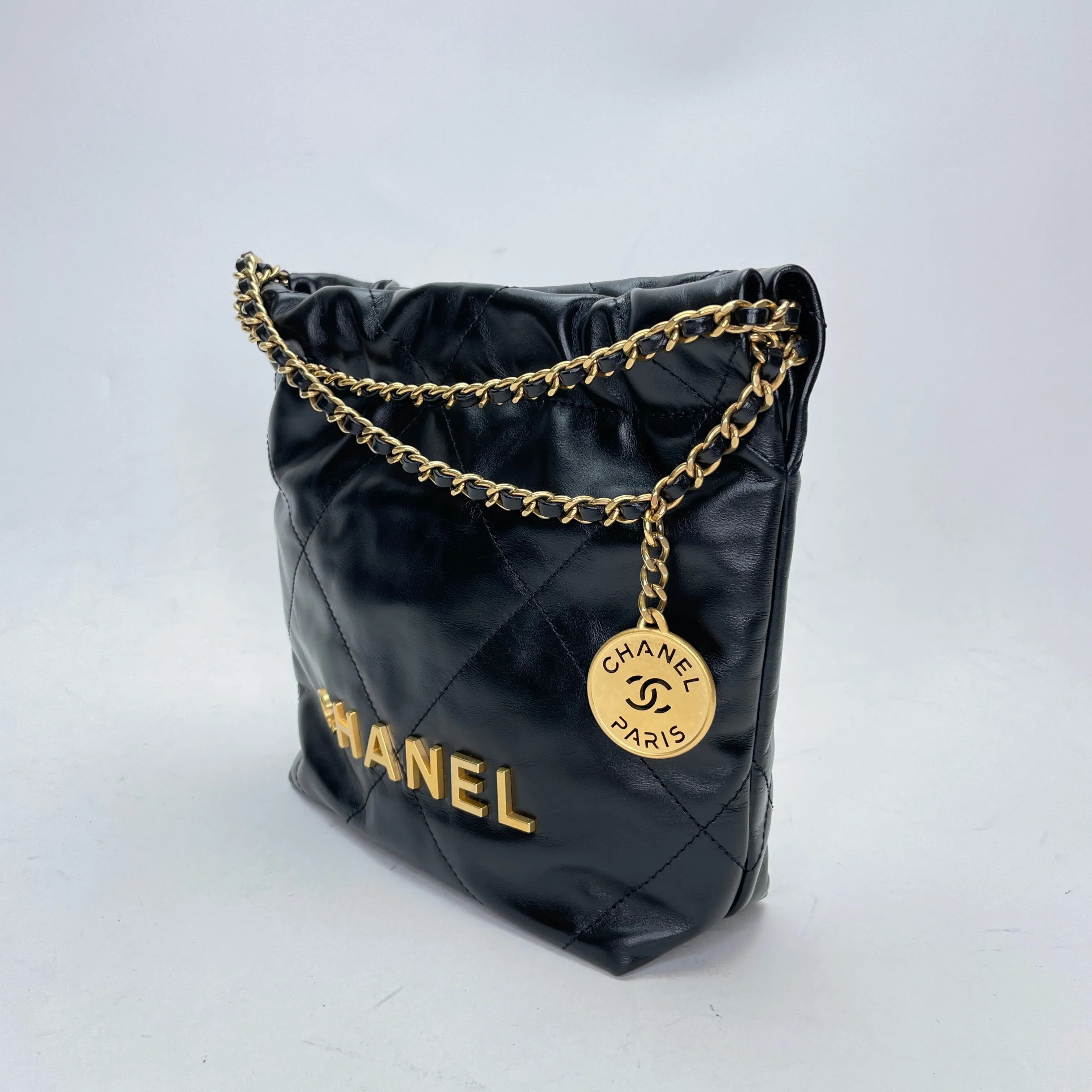 22 Mini Black Shoulder Bag in Calfskin, Gold hardware