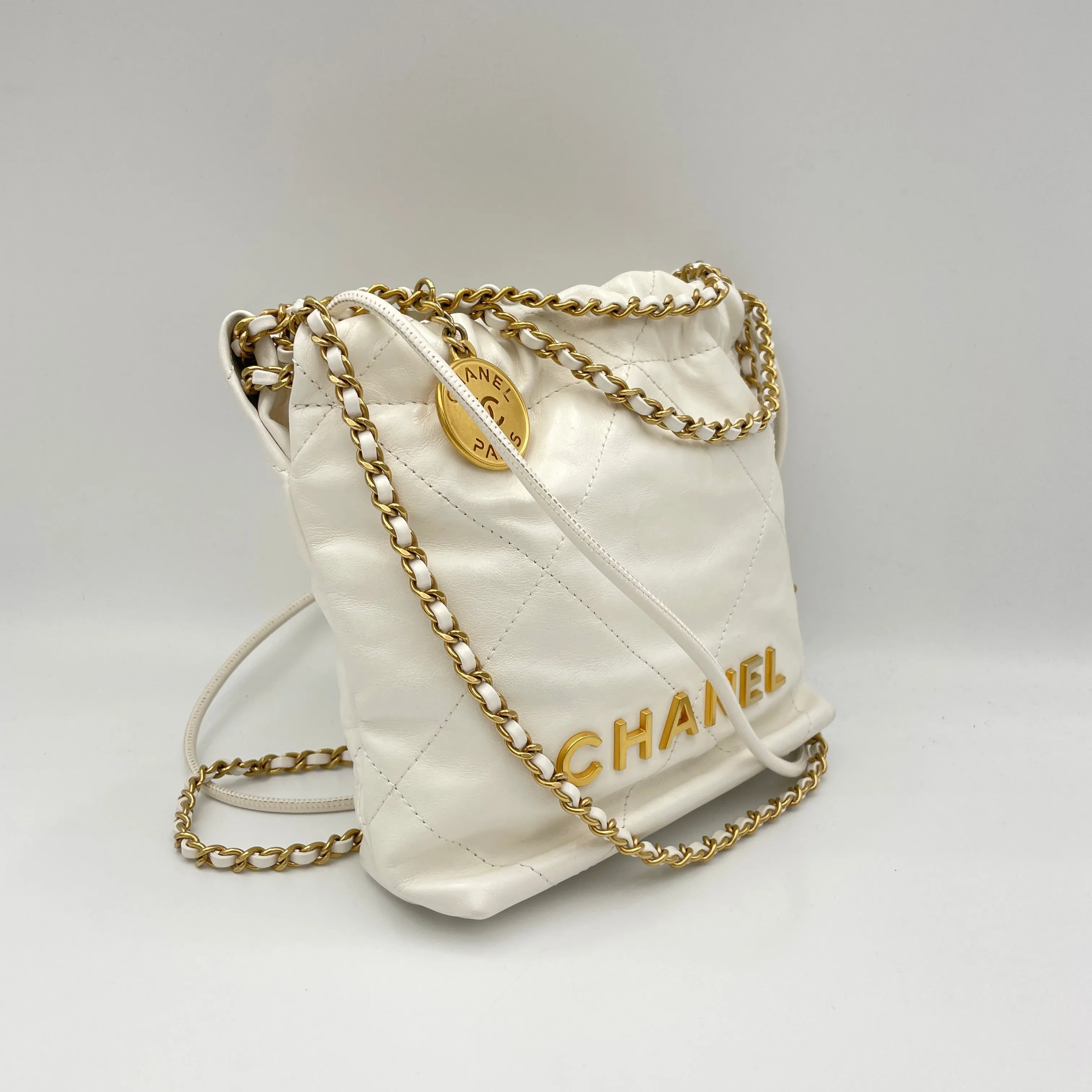 22 Mini White Shoulder Bag in Calfskin, Gold hardware