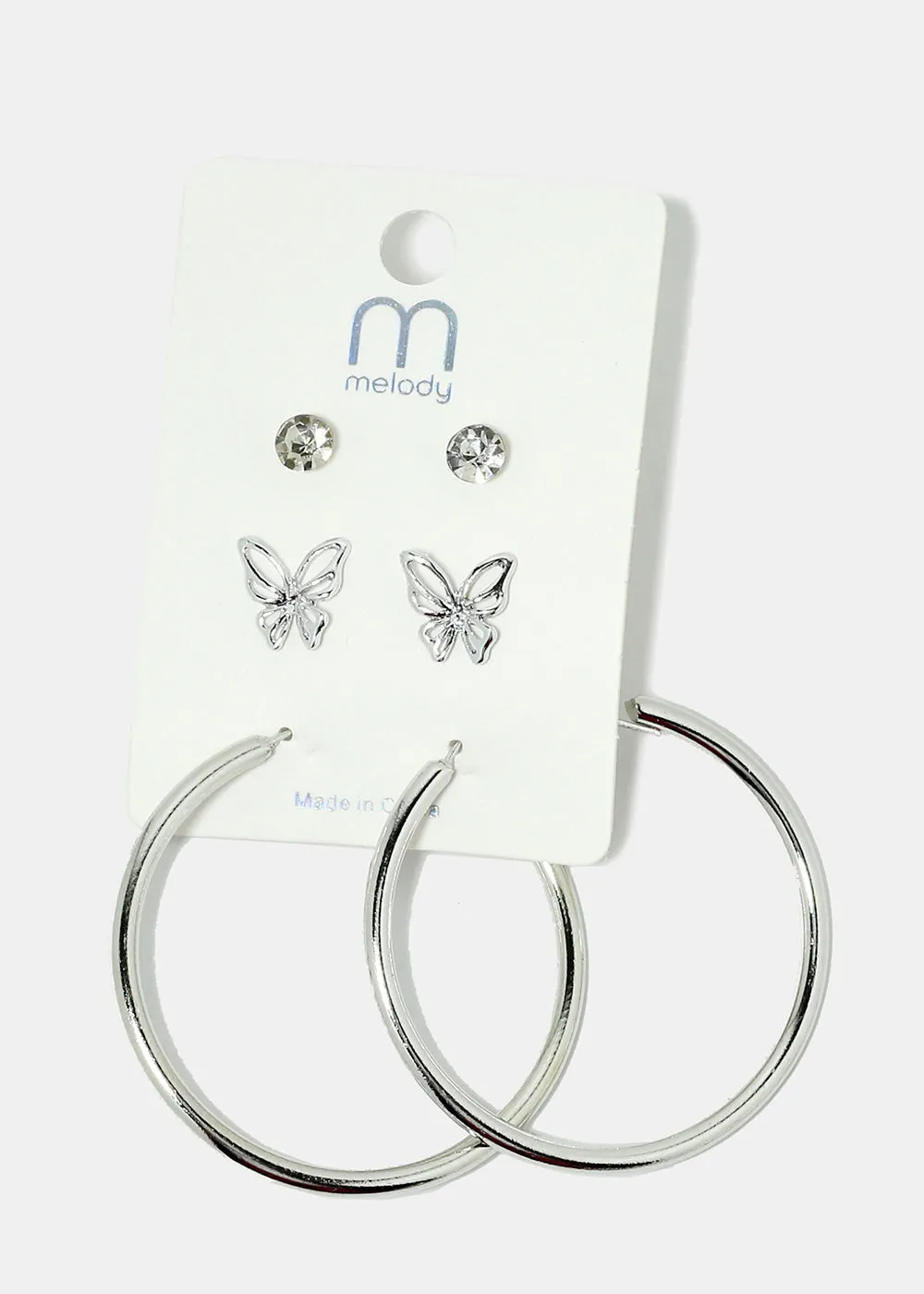 3-Pair Butterfly & Hoop Earrings