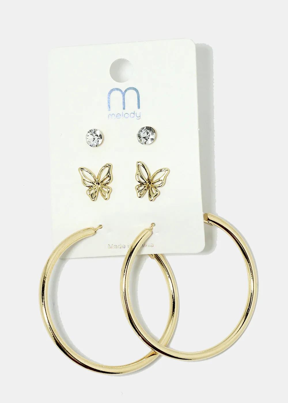 3-Pair Butterfly & Hoop Earrings