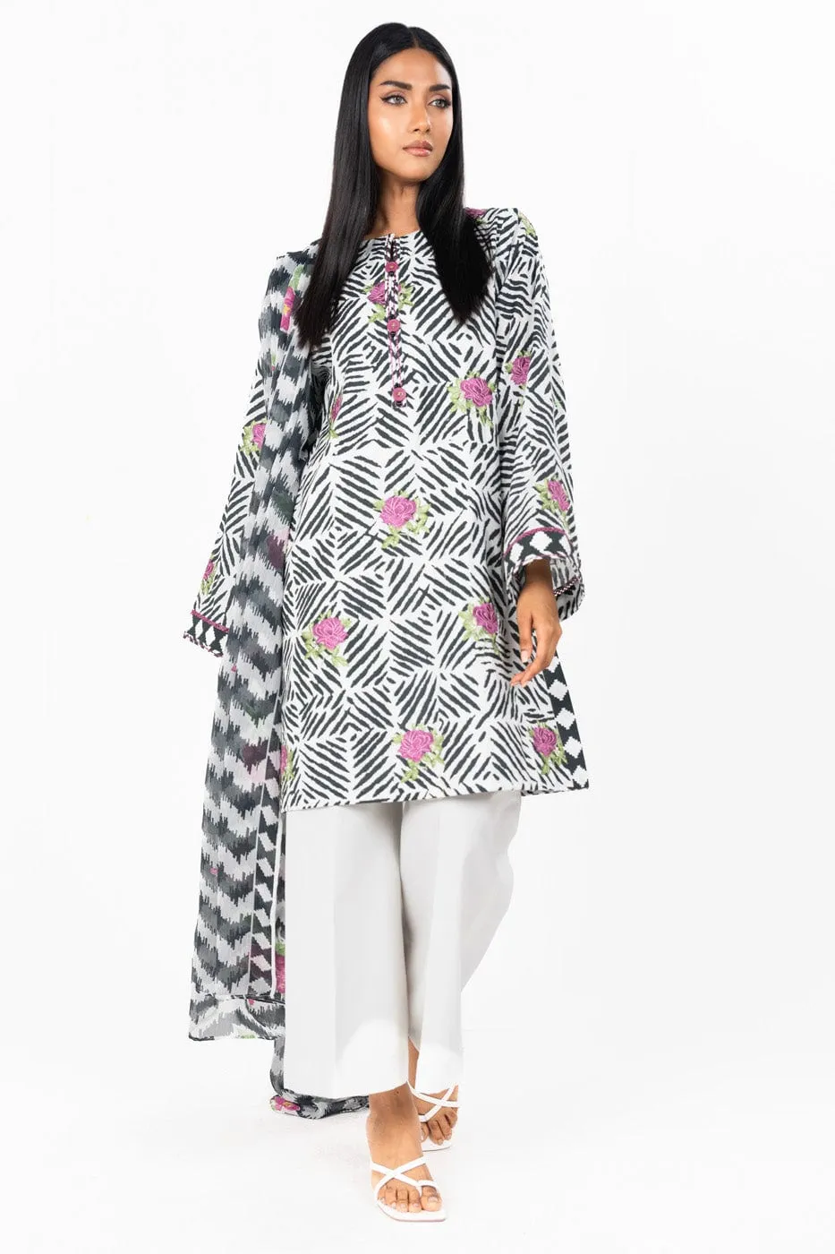 3 Pc Printed Embroidered Lawn Suit With Printed Poly Chiffon Dupatta