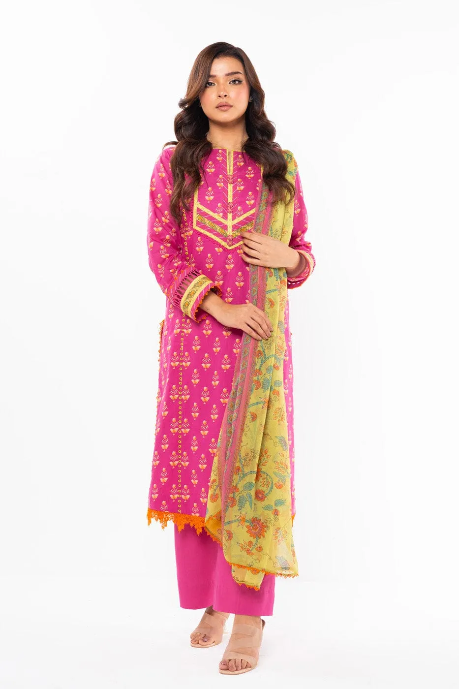 3 Pc Printed Lawn Suit With Chiffon Dupatta