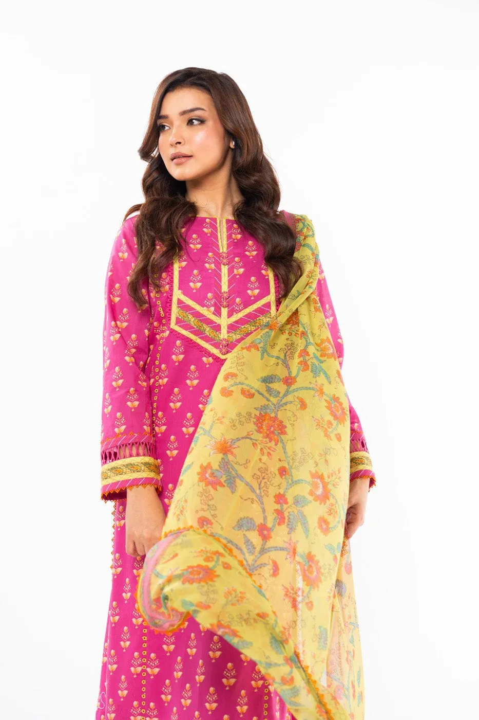 3 Pc Printed Lawn Suit With Chiffon Dupatta