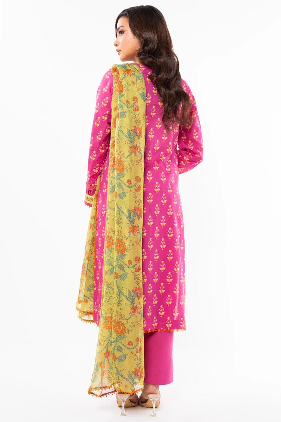 3 Pc Printed Lawn Suit With Chiffon Dupatta