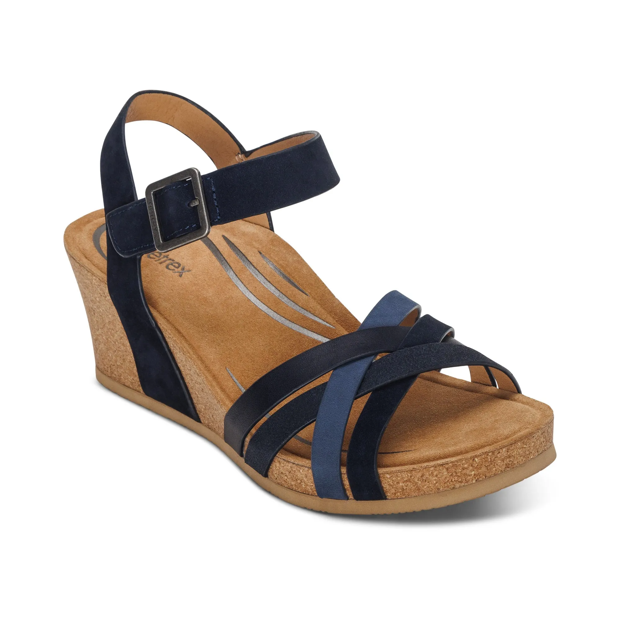 Aetrex Women's Noelle Cork Wedge Sandal Navy Multi