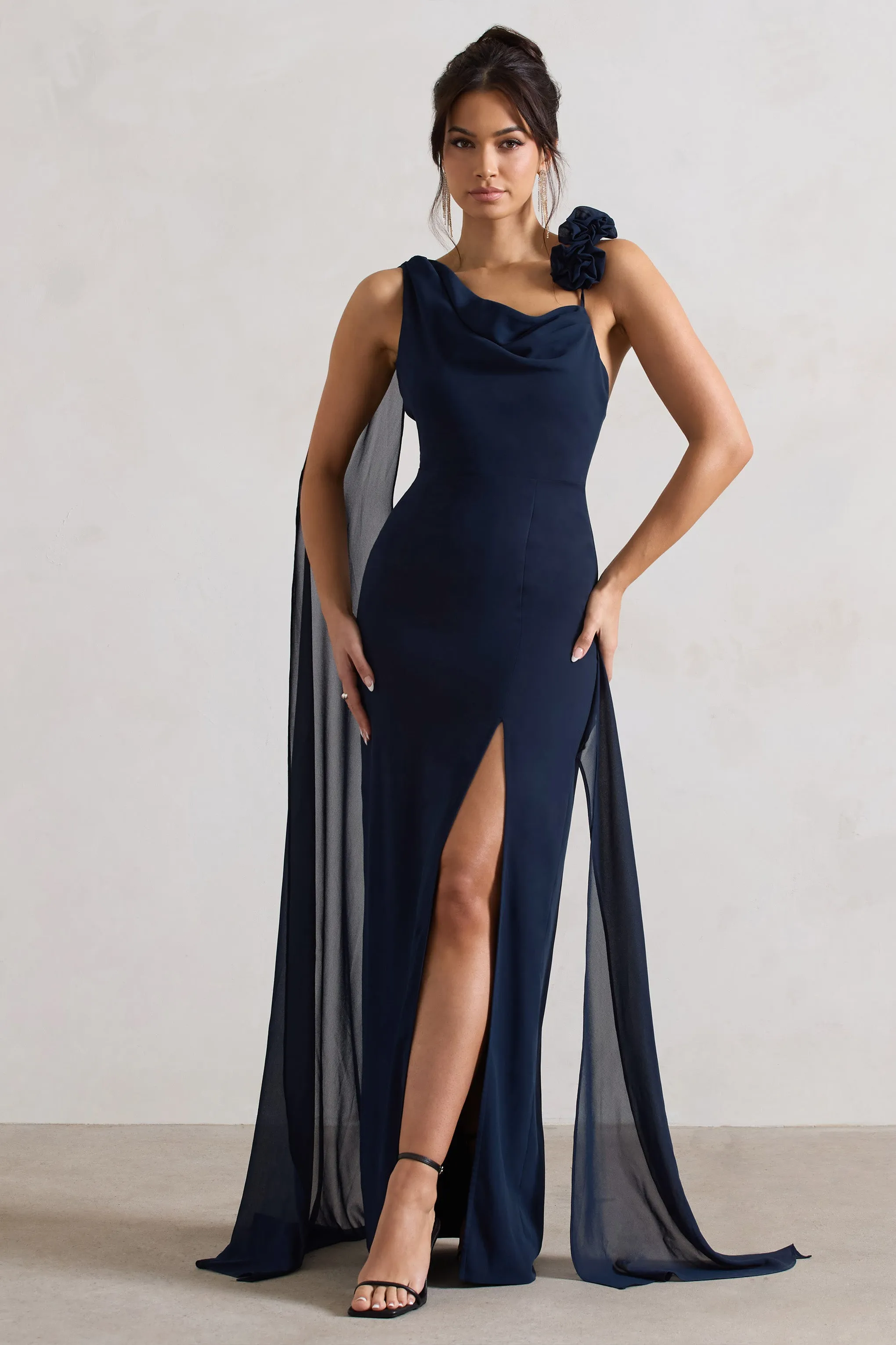 Angeline | Navy Chiffon Draped Split Maxi Dress With Corsages