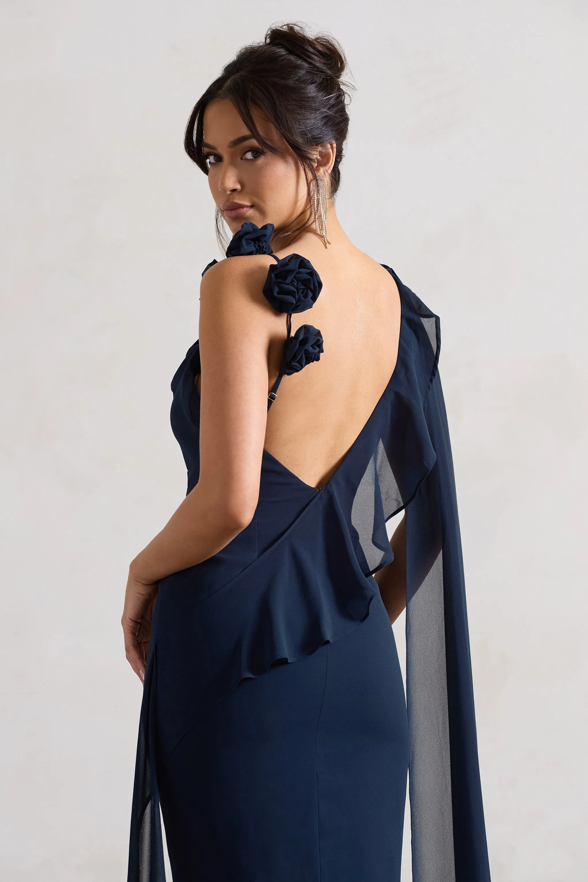 Angeline | Navy Chiffon Draped Split Maxi Dress With Corsages