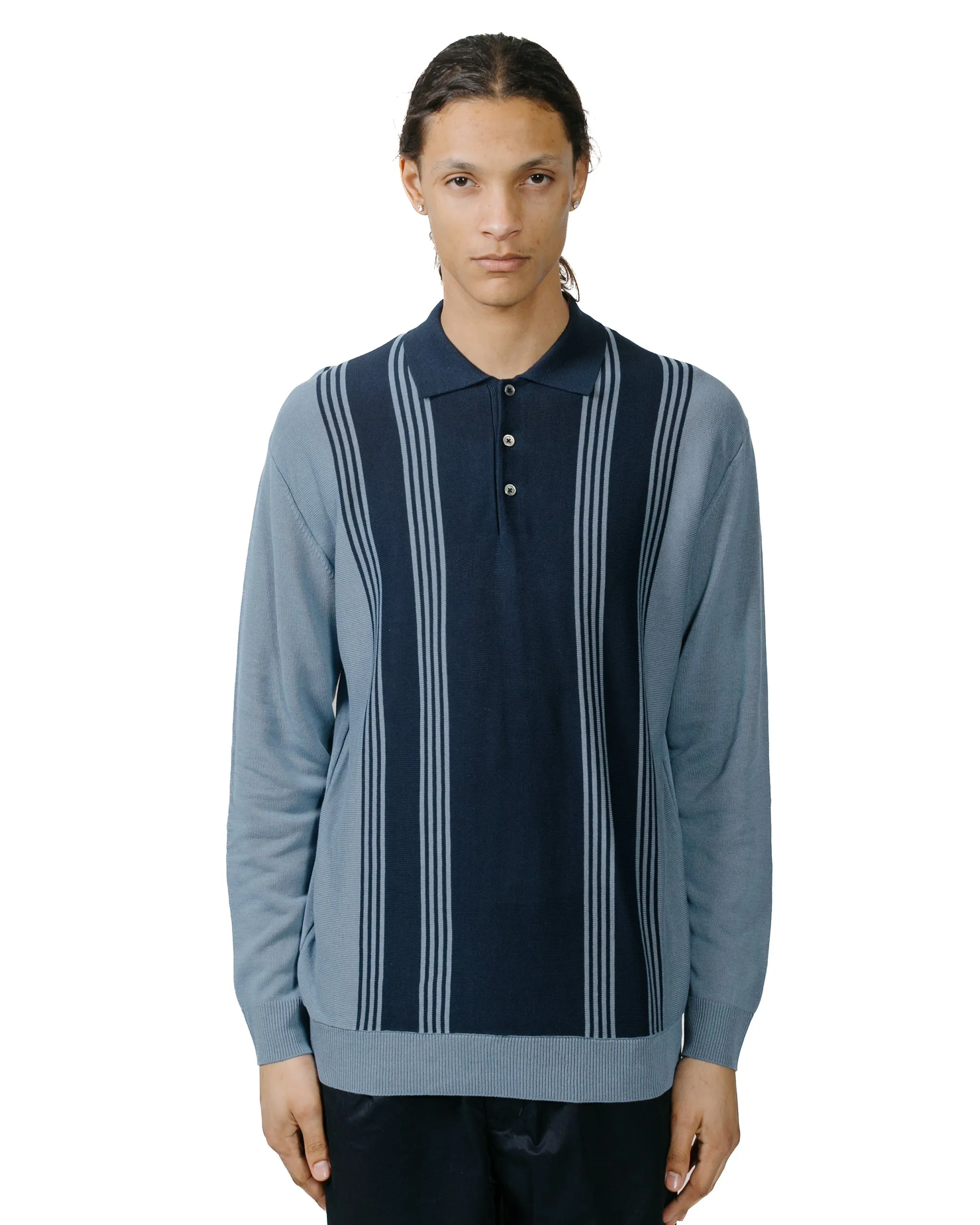 Beams Plus Knit Polo Stripe 12G Blue