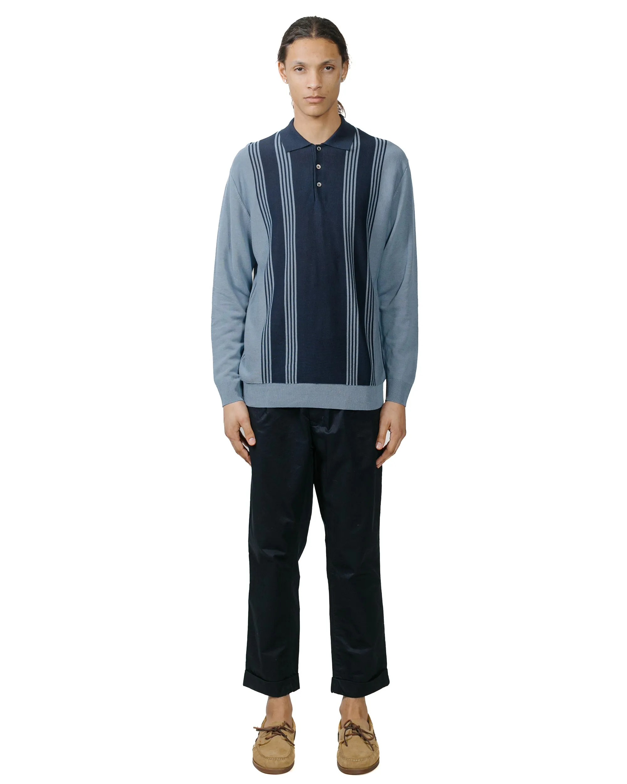 Beams Plus Knit Polo Stripe 12G Blue