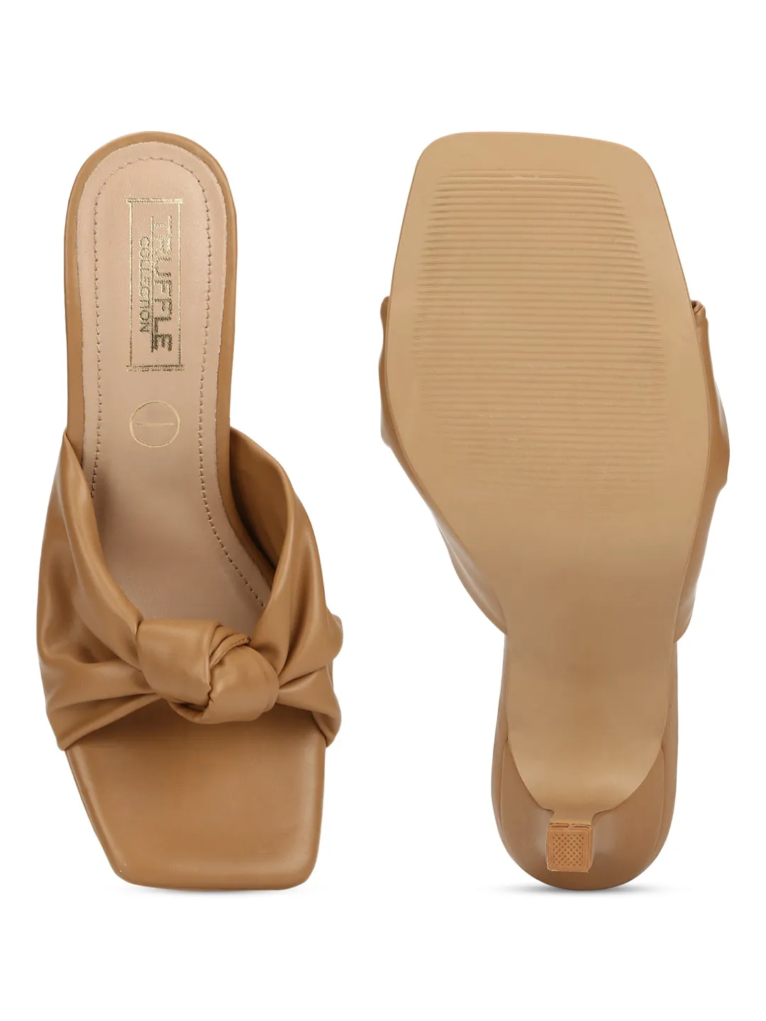 Beige PU Knotted Strap Stiletto Mules