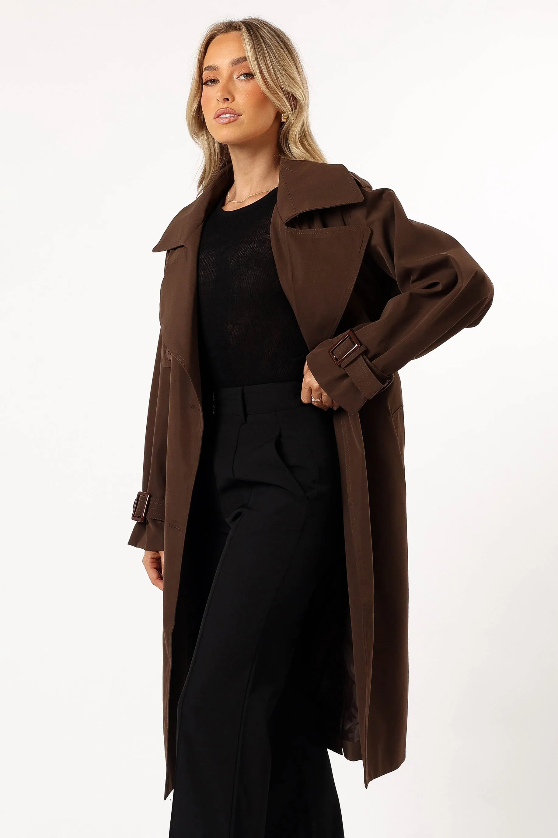 Billy Button Front Trench Coat - Chocolate Brown