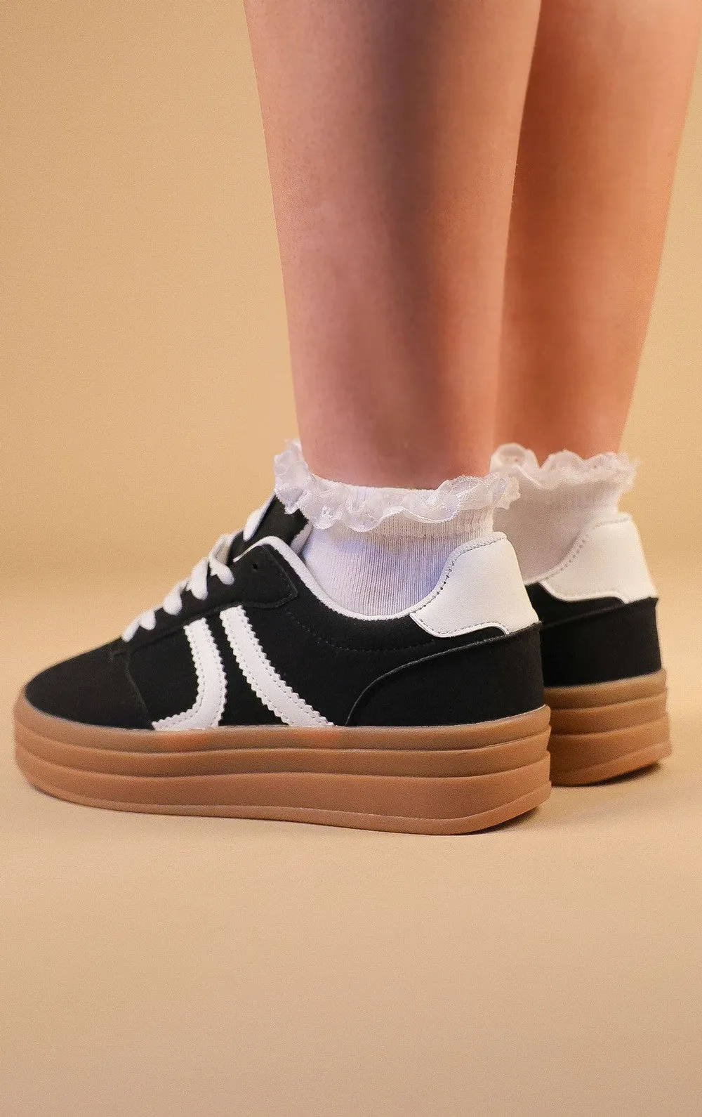 Black Faux Suede Side Stripe Platform Trainers