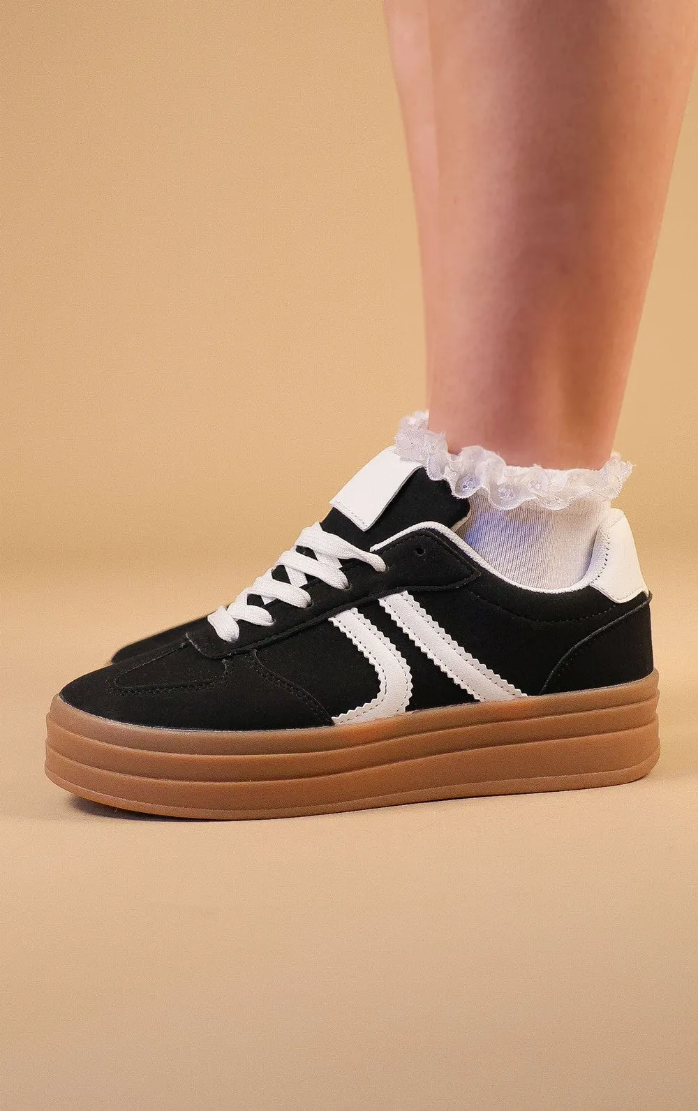 Black Faux Suede Side Stripe Platform Trainers