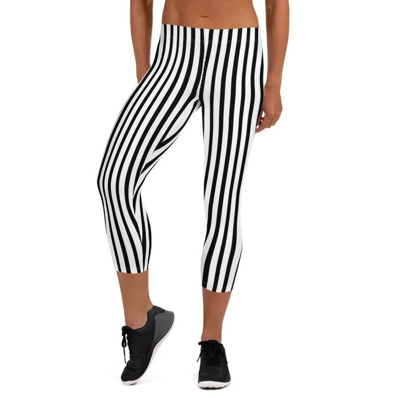 Black Striped Capri Leggings, White Vertical Striped Women's Capris- Made in USA/ EU