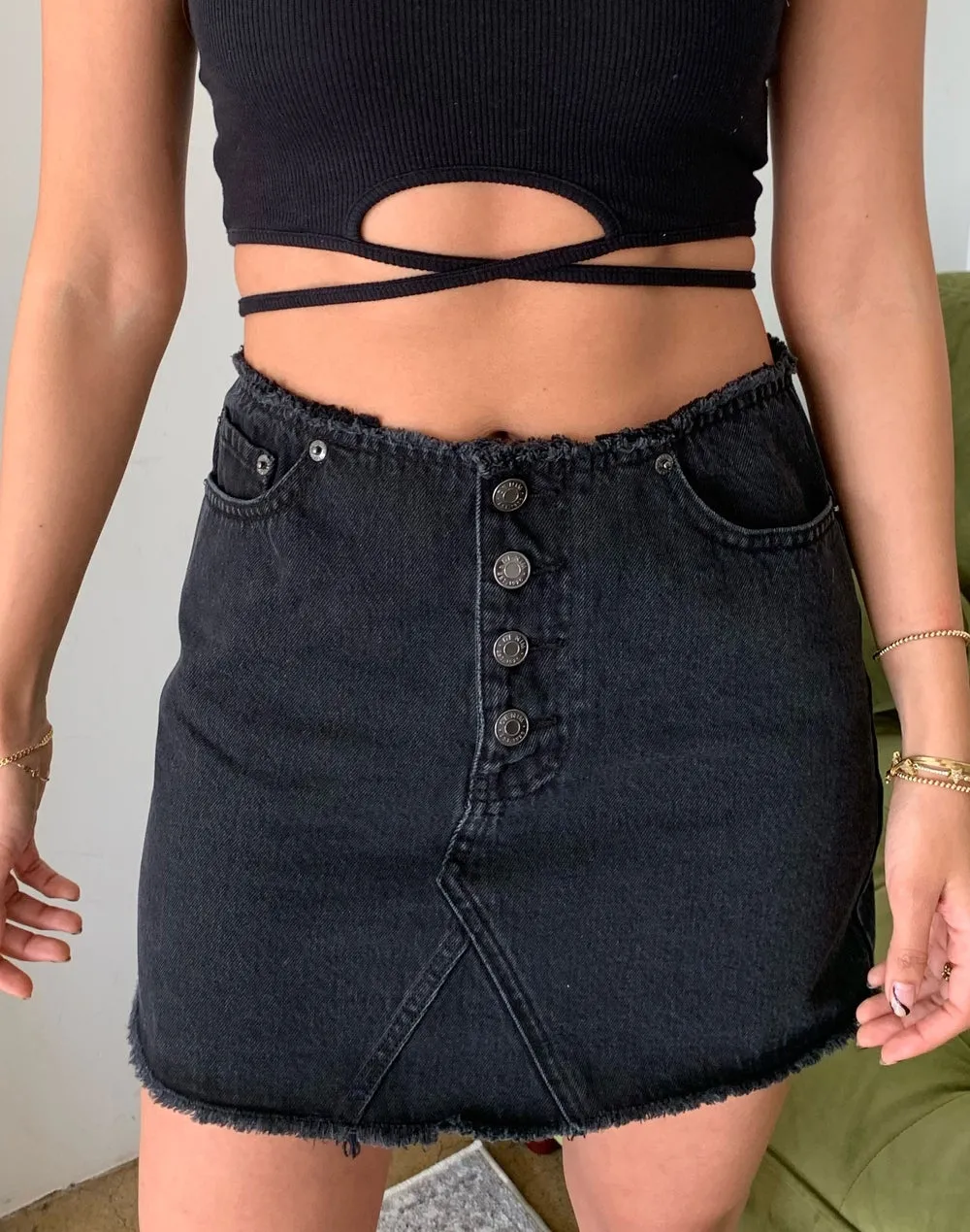 Black Wash Raw Hem High Waist Skirt