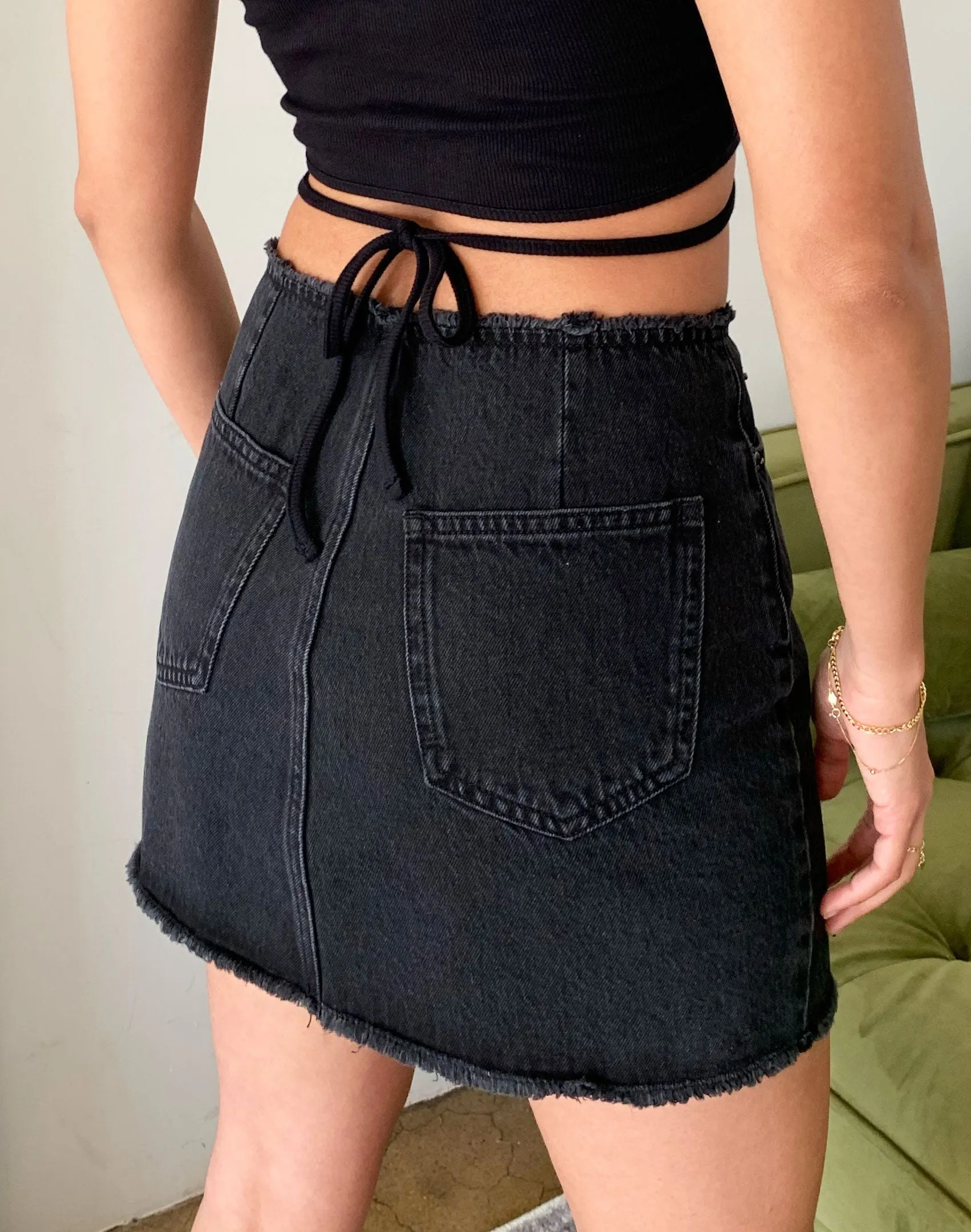 Black Wash Raw Hem High Waist Skirt