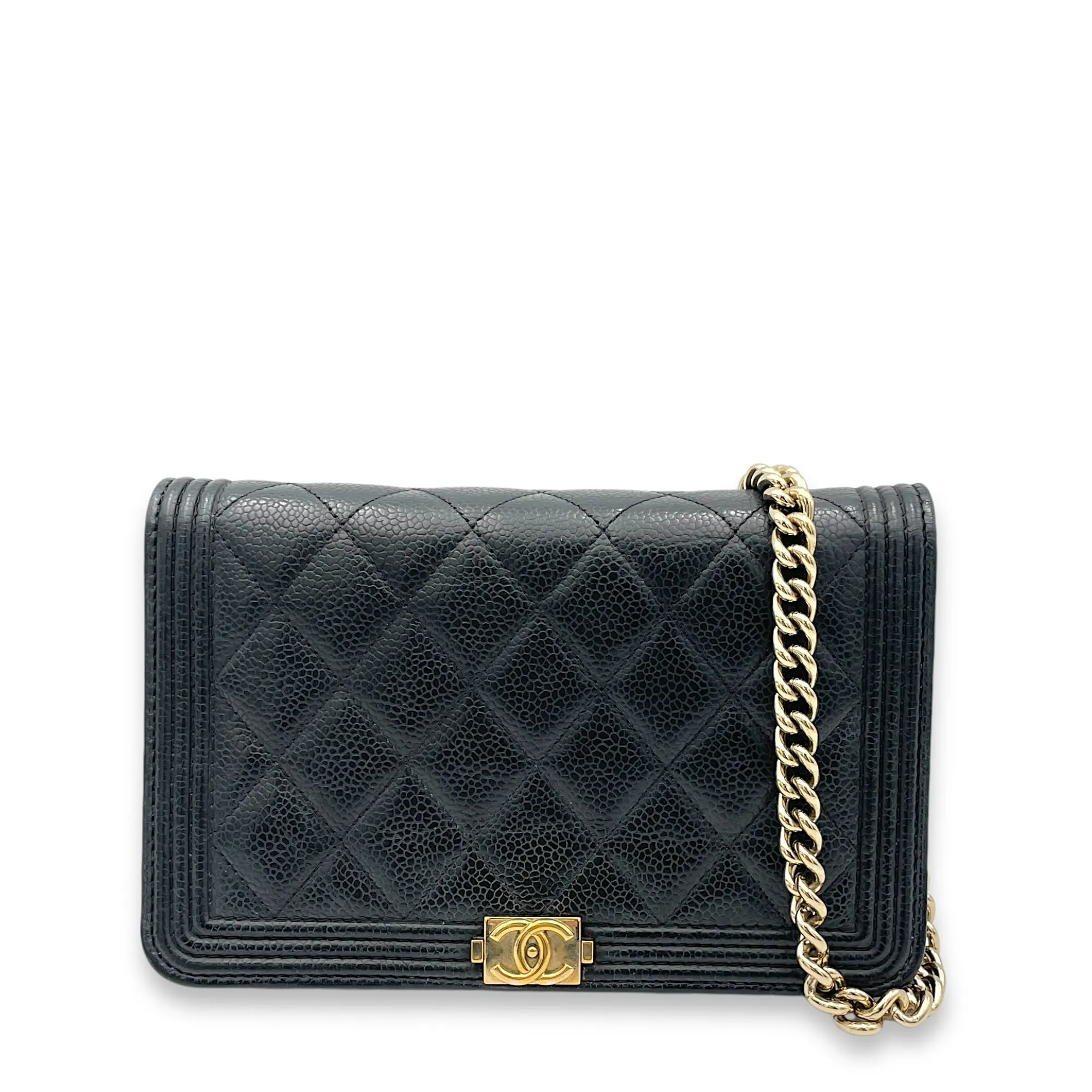 Boy Black Wallet On Chain in Caviar Leather, Gold hardware