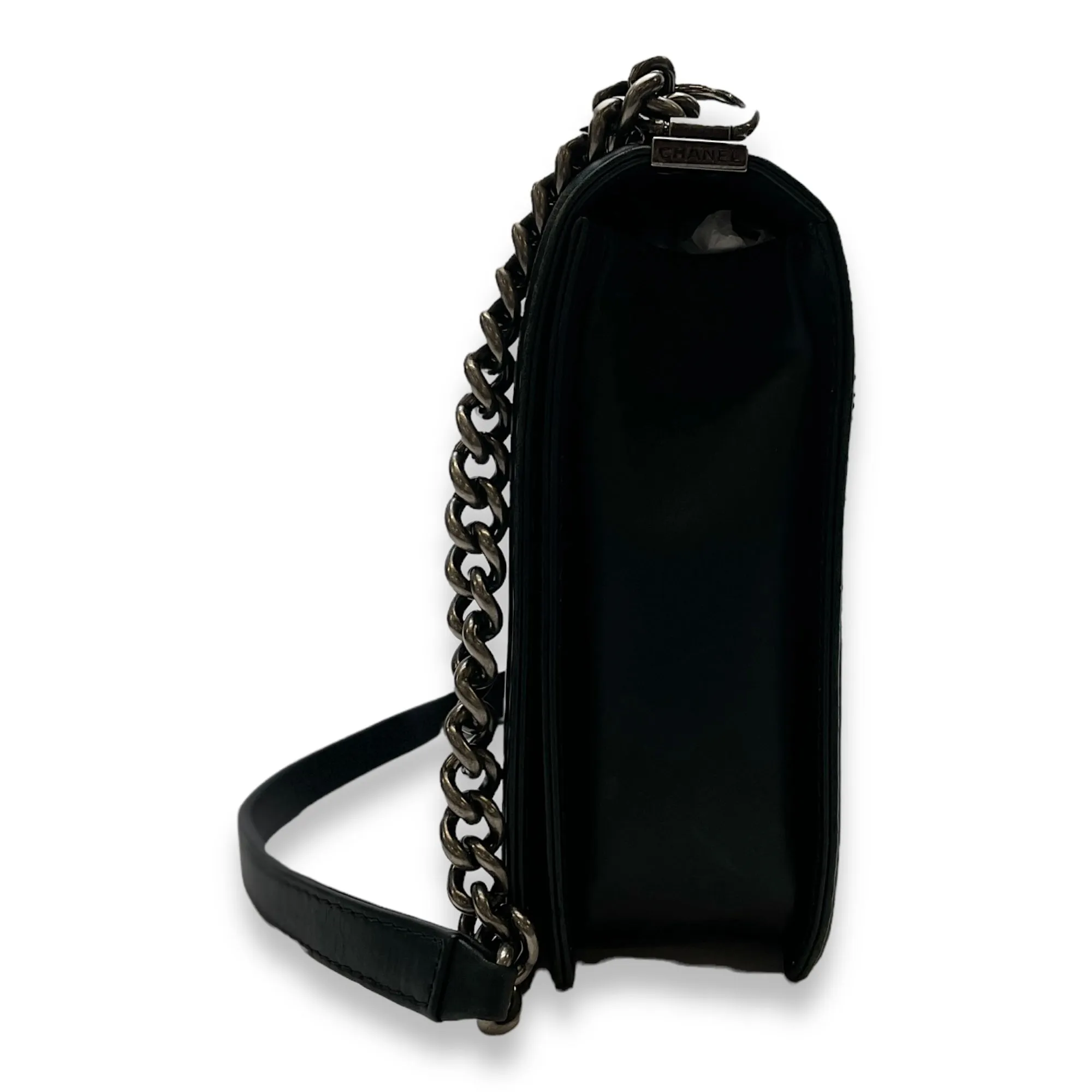 Boy Large Black Shoulder Bag in Calfskin, Ruthenium hardware