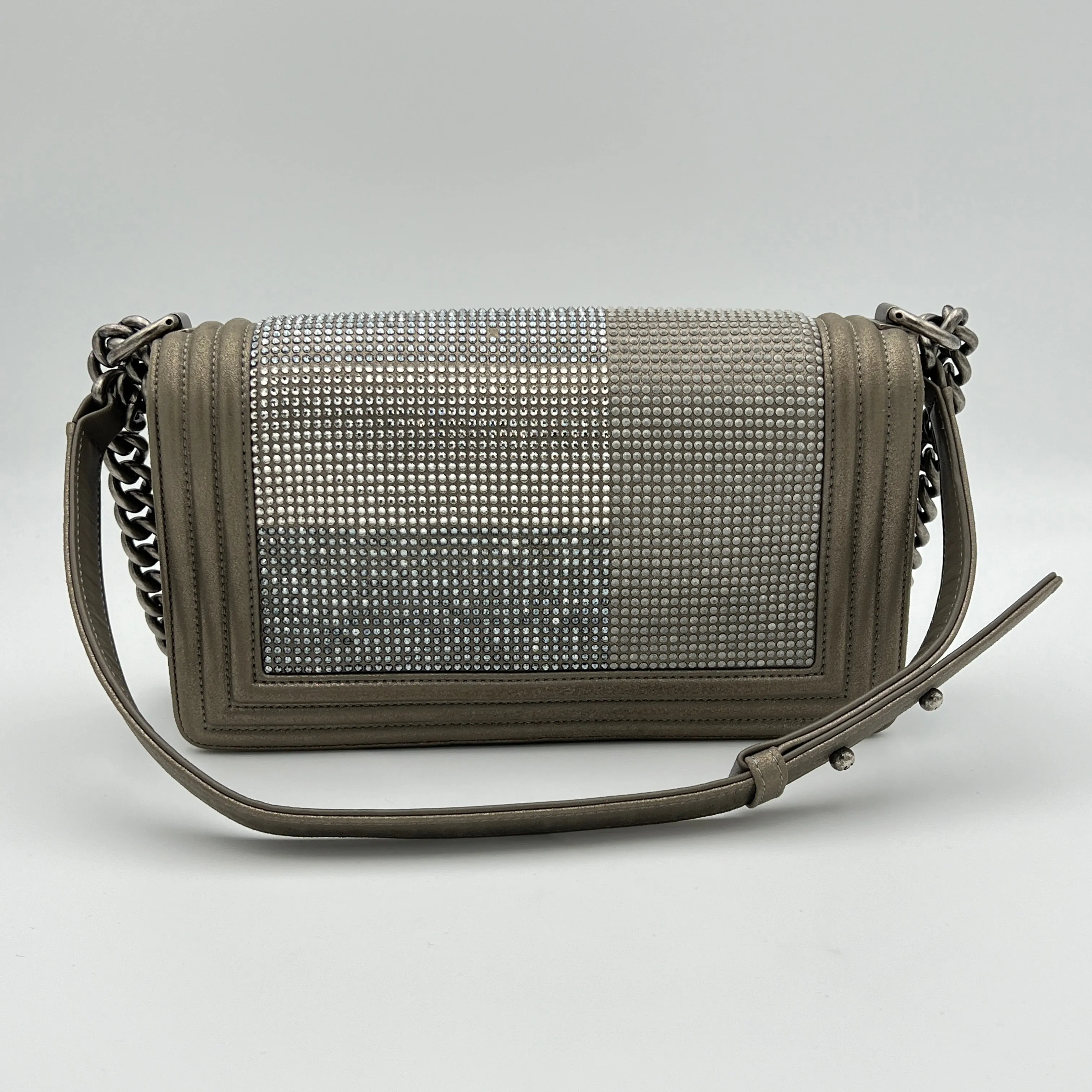 Boy Medium Grey Crossbody Bag in Calfskin, Ruthenium hardware