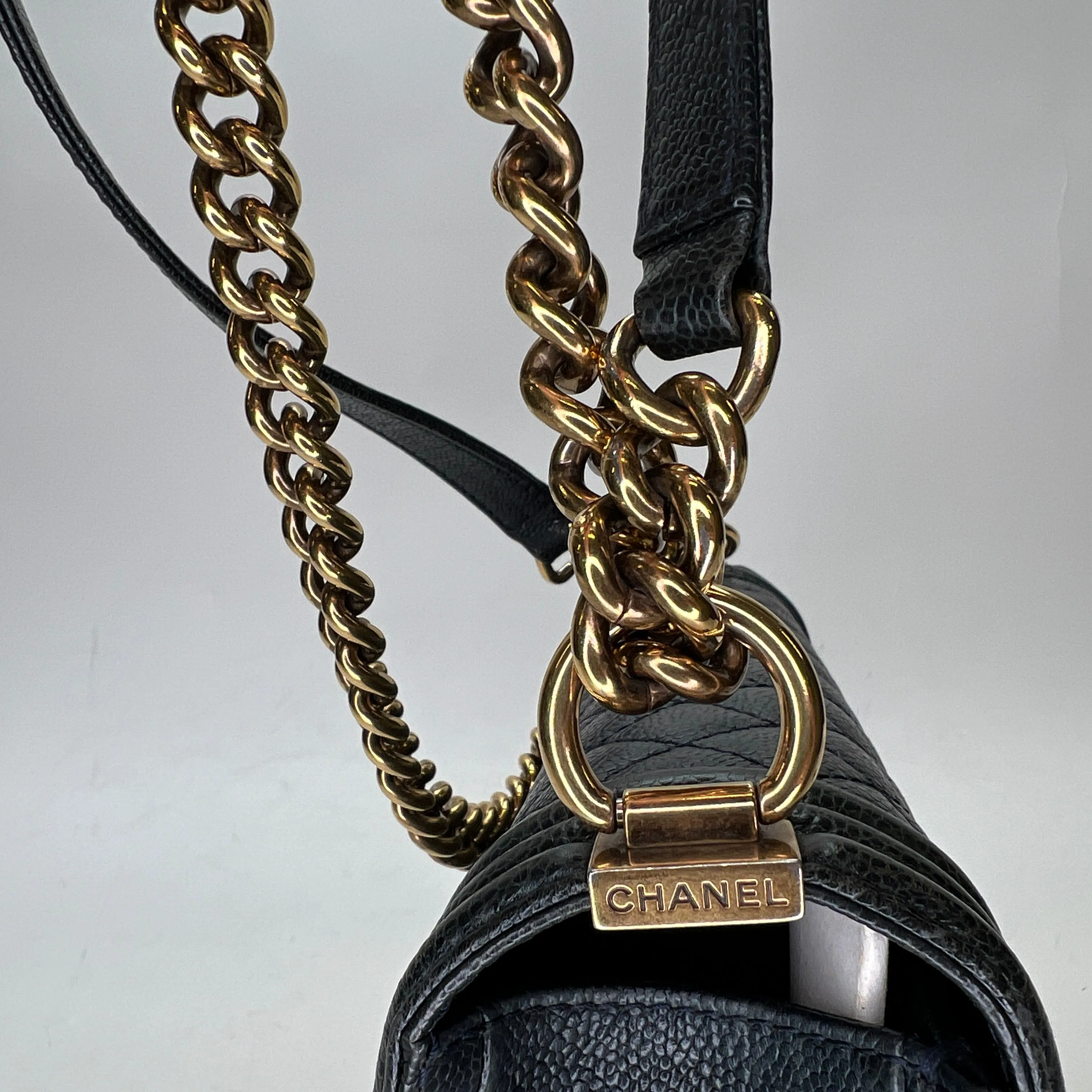 Boy Medium Navy Shoulder Bag in Caviar Leather, Gold hardware