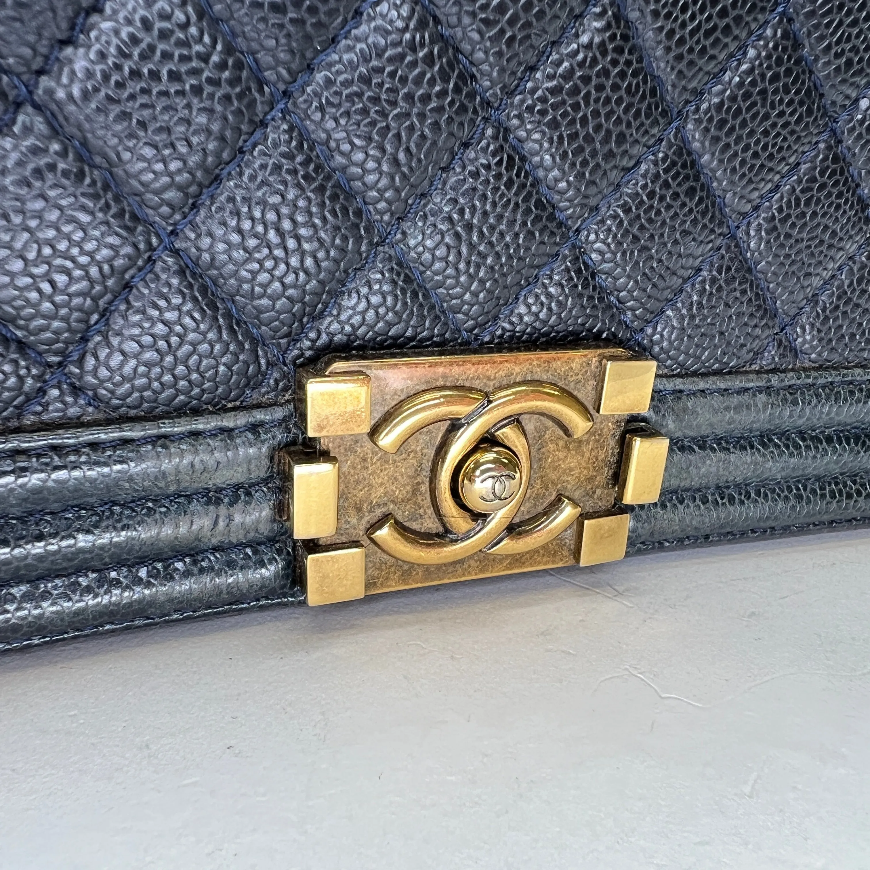 Boy Medium Navy Shoulder Bag in Caviar Leather, Gold hardware