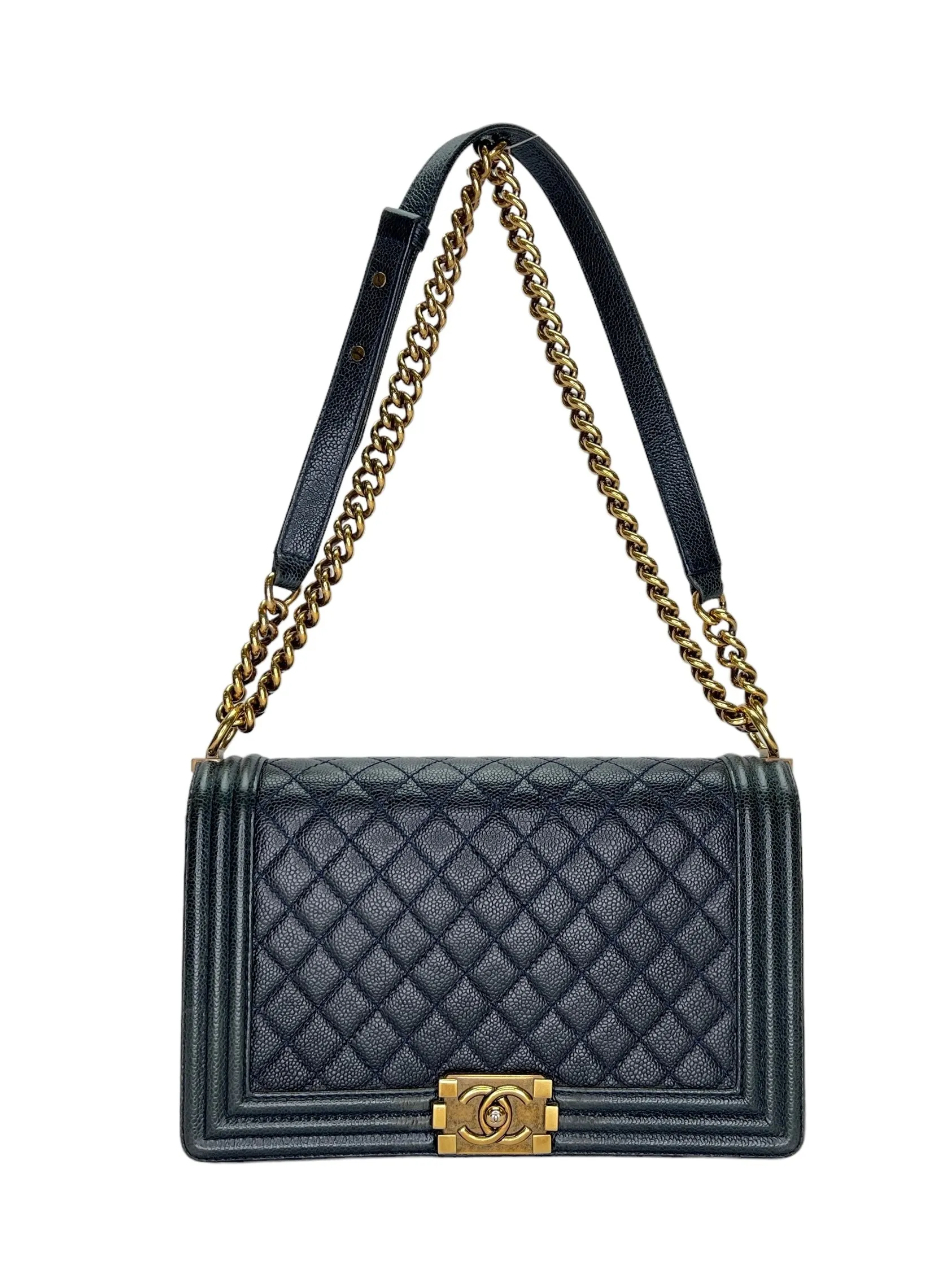 Boy Medium Navy Shoulder Bag in Caviar Leather, Gold hardware