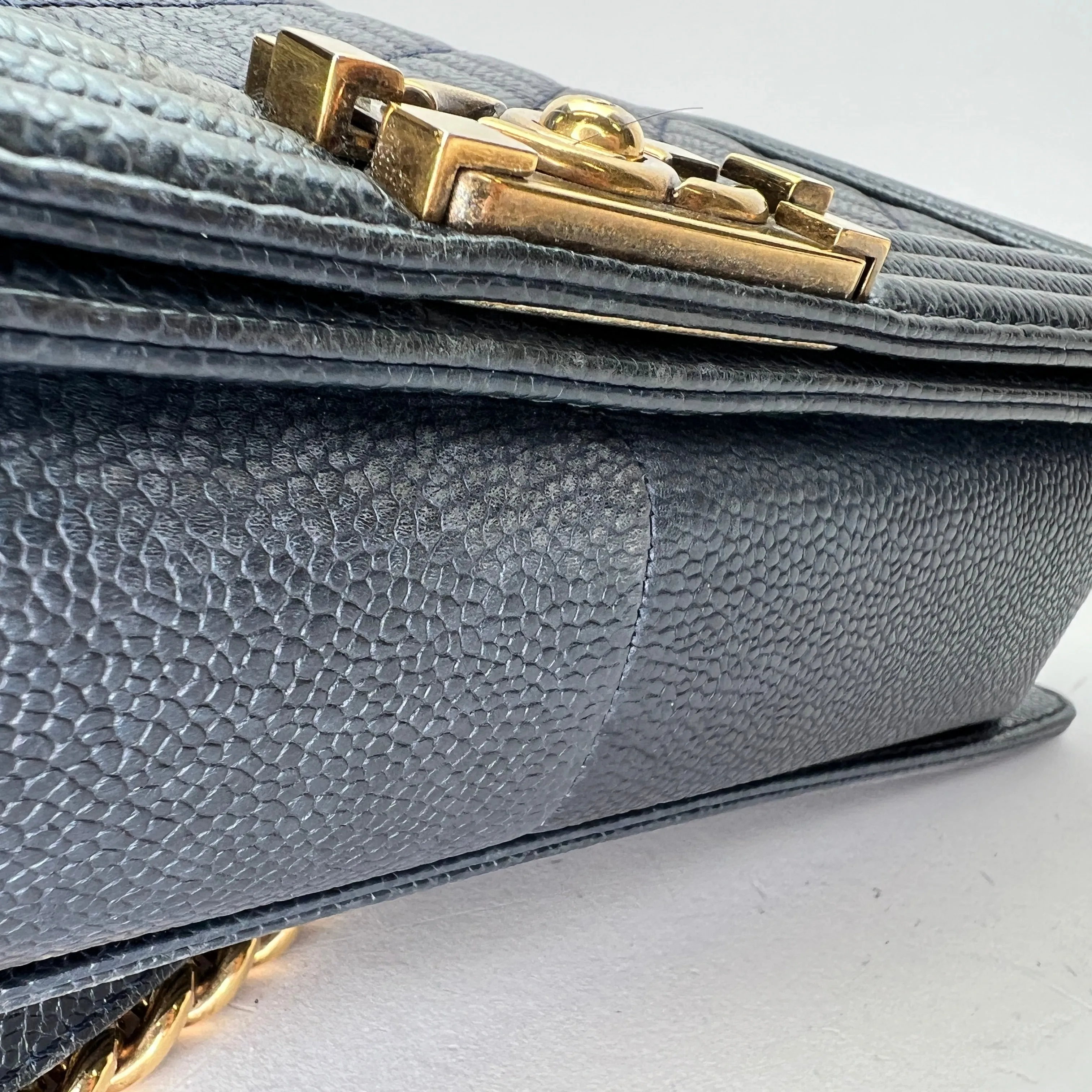 Boy Medium Navy Shoulder Bag in Caviar Leather, Gold hardware