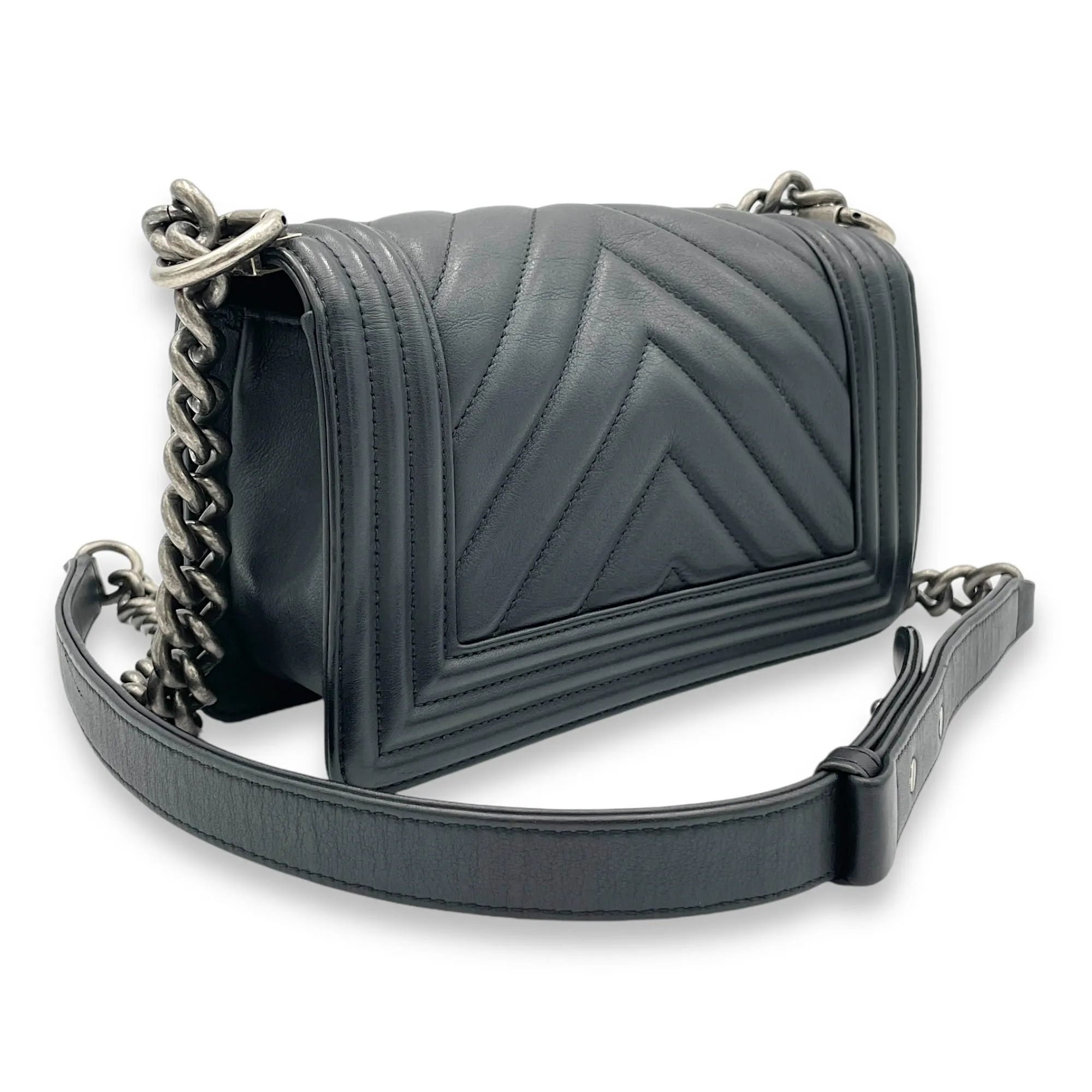 Boy Shoulder Bag Small Black in Calfskin, Ruthenium hardware