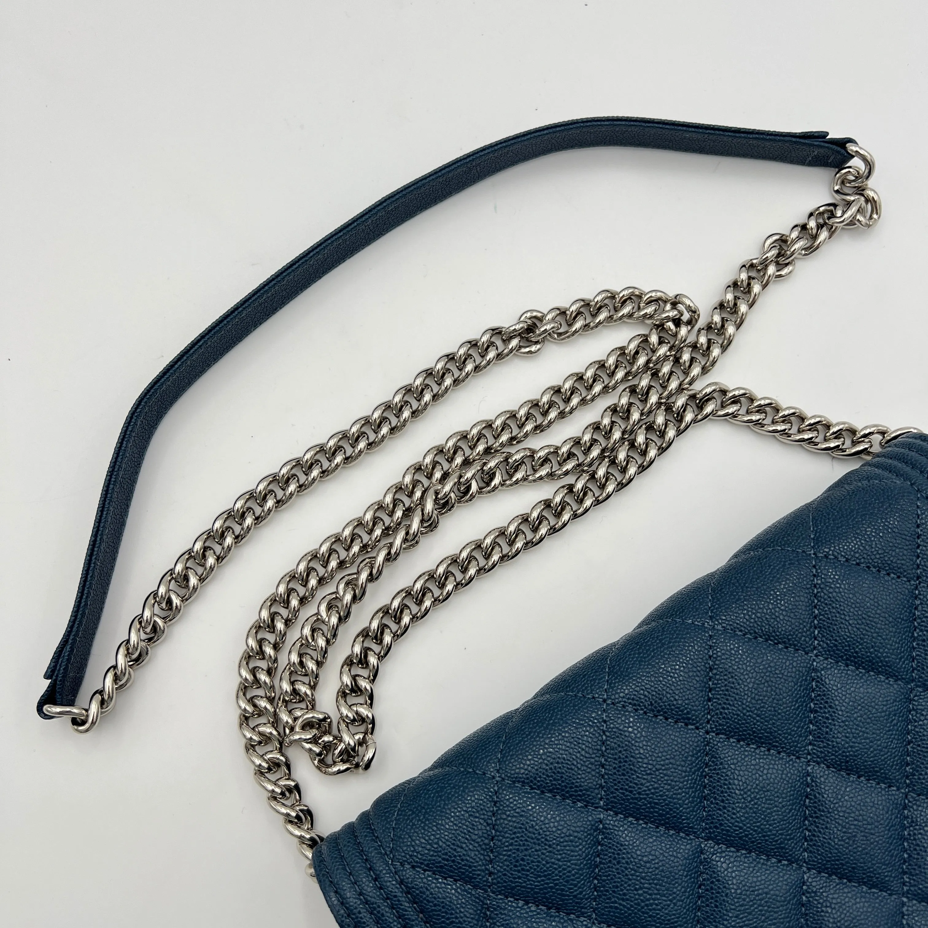 Boy WOC Navy Wallet on Chain in Caviar Leather, Silver hardware