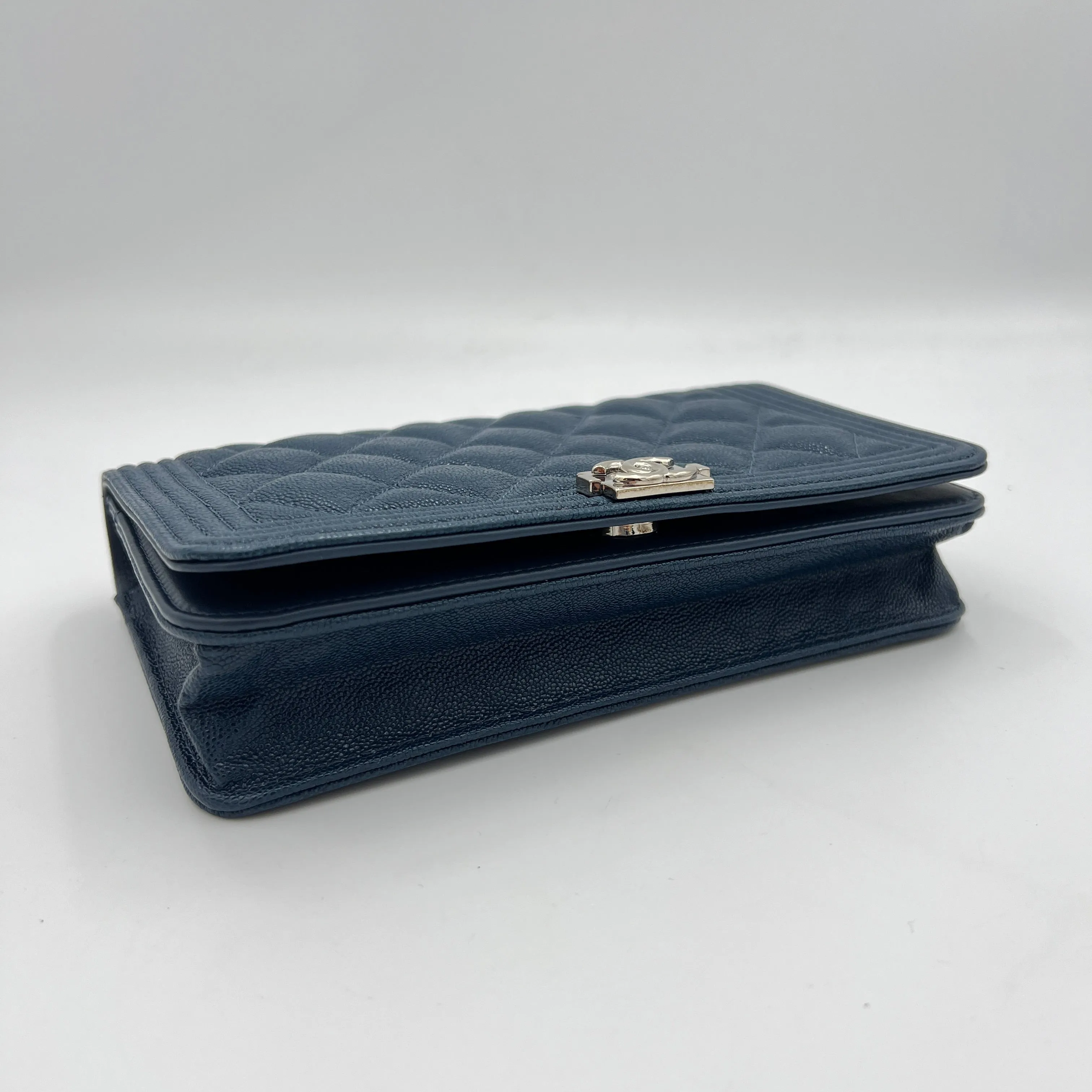 Boy WOC Navy Wallet on Chain in Caviar Leather, Silver hardware