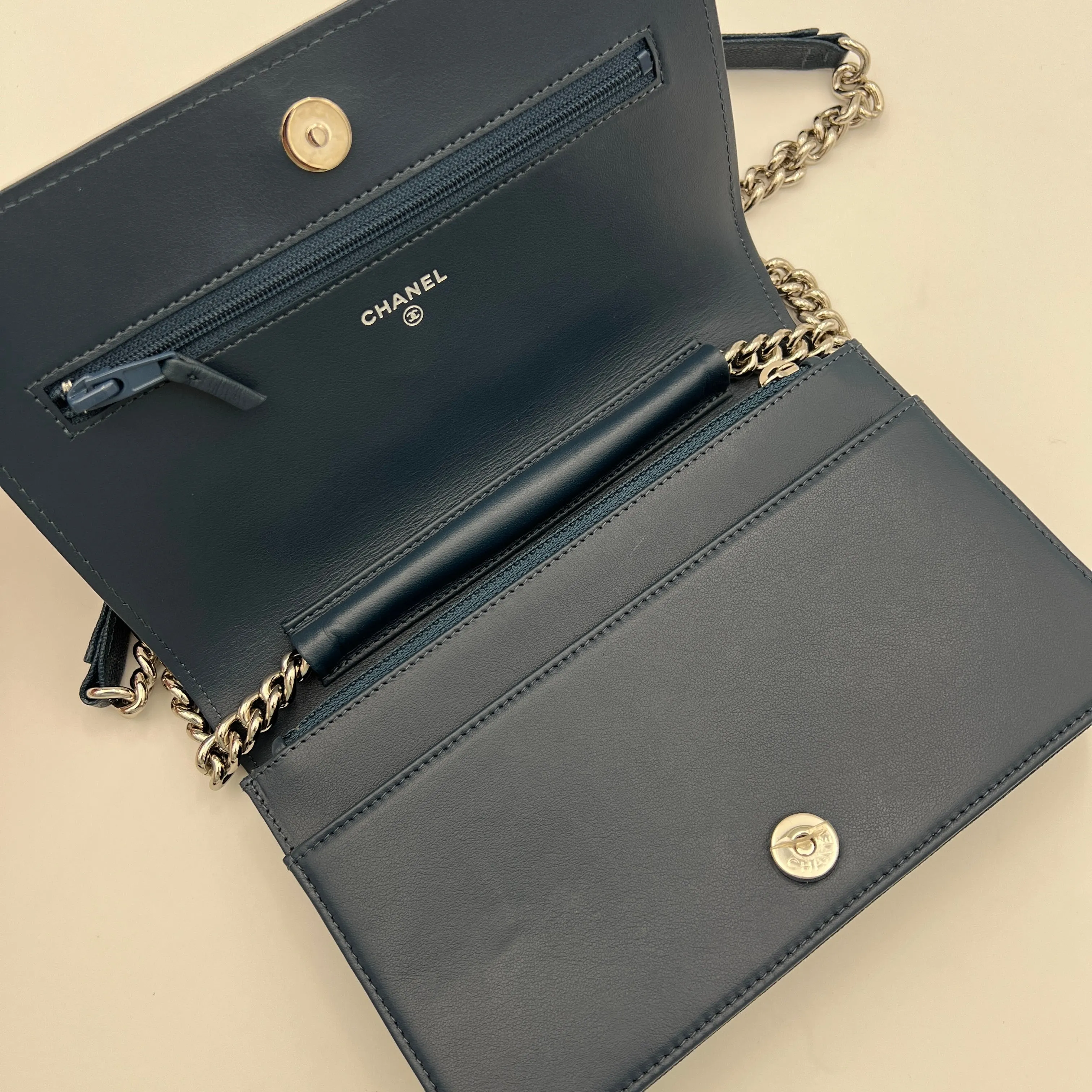 Boy WOC Navy Wallet on Chain in Caviar Leather, Silver hardware