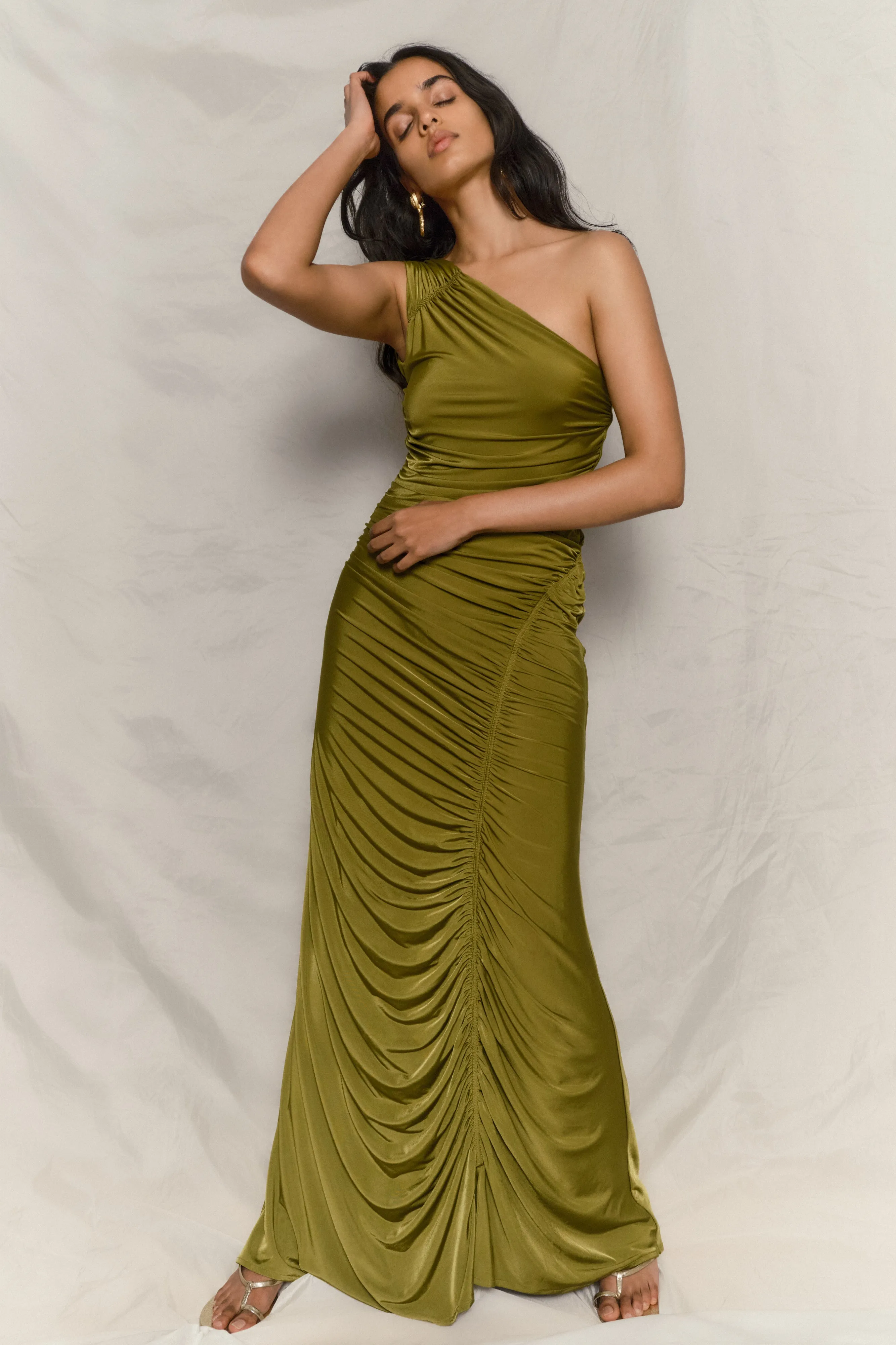 Capri Gathered Slinky Maxi Dress - Vintage Olive