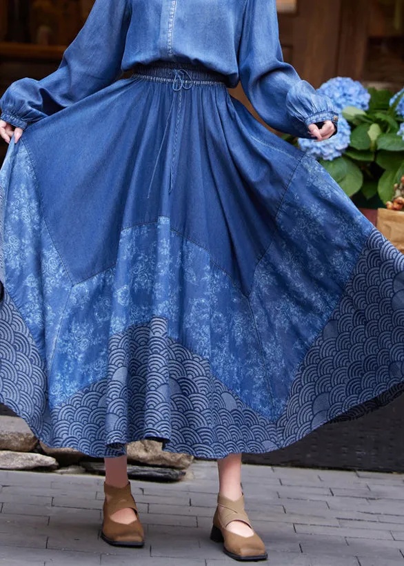 Casual Denim Blue Print Tie Waist Maxi Skirt Summer NN016