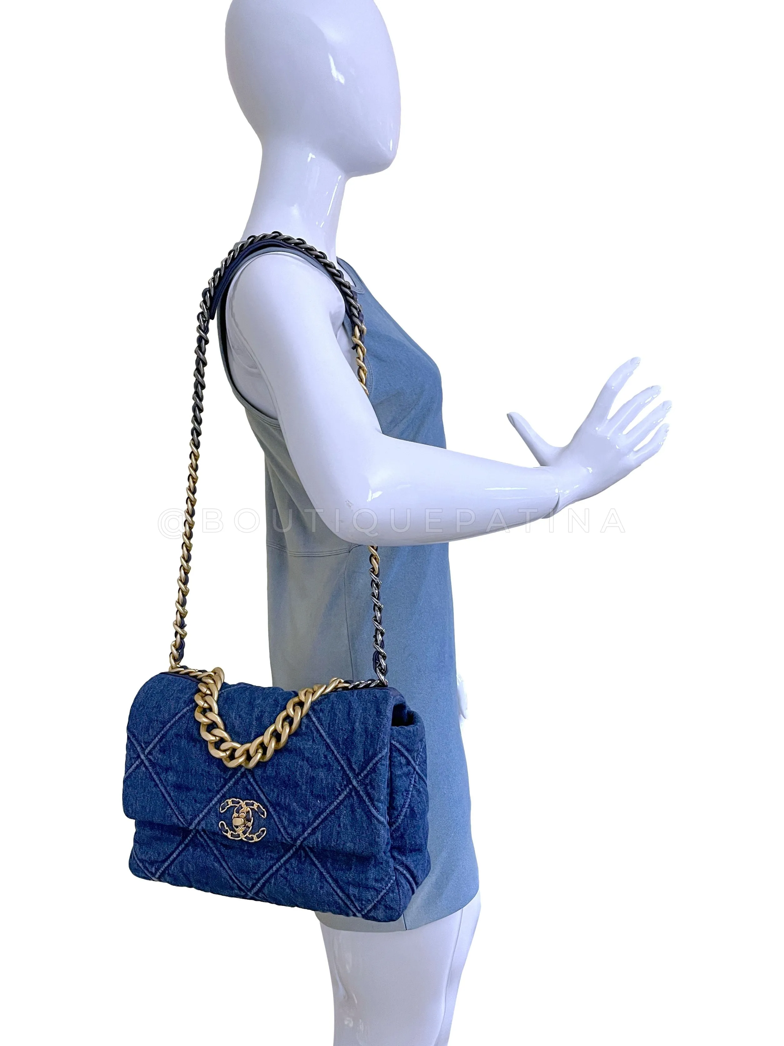 Chanel 19 Washed Blue Denim Large Flap Bag GHW