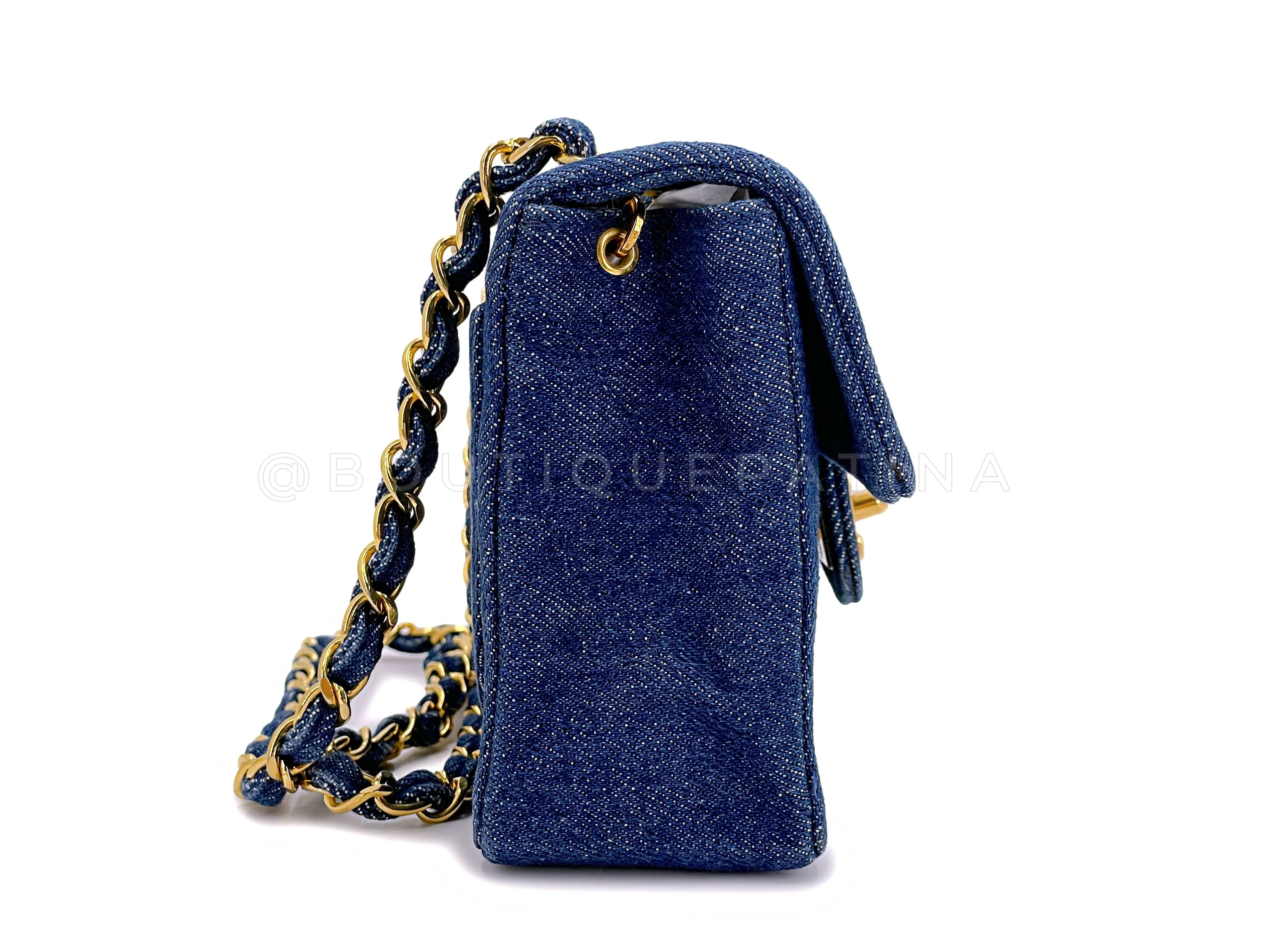 Chanel 1990 Vintage Dark Blue Denim Square Mini Flap Bag 24k GHW