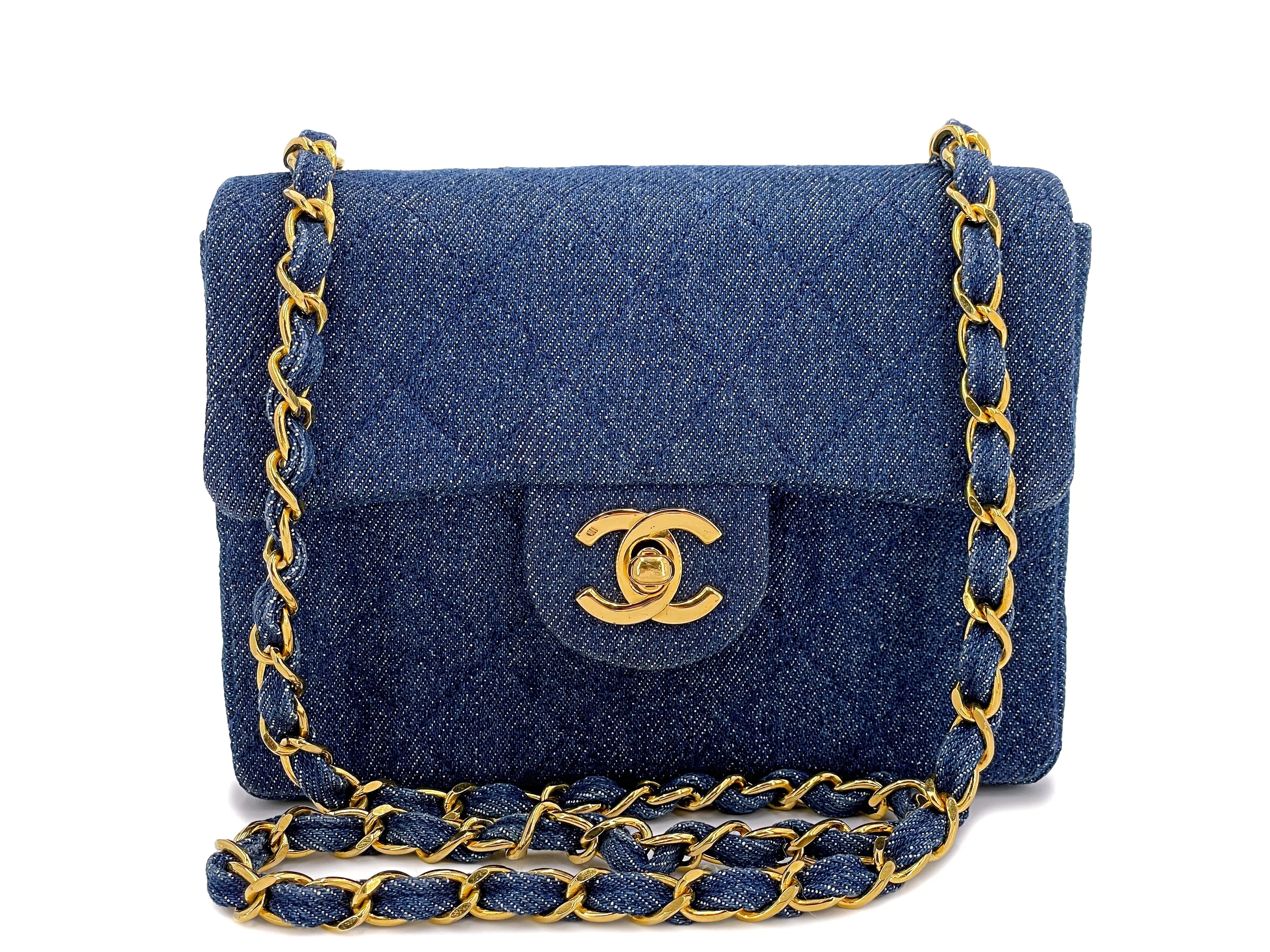 Chanel 1990 Vintage Dark Blue Denim Square Mini Flap Bag 24k GHW