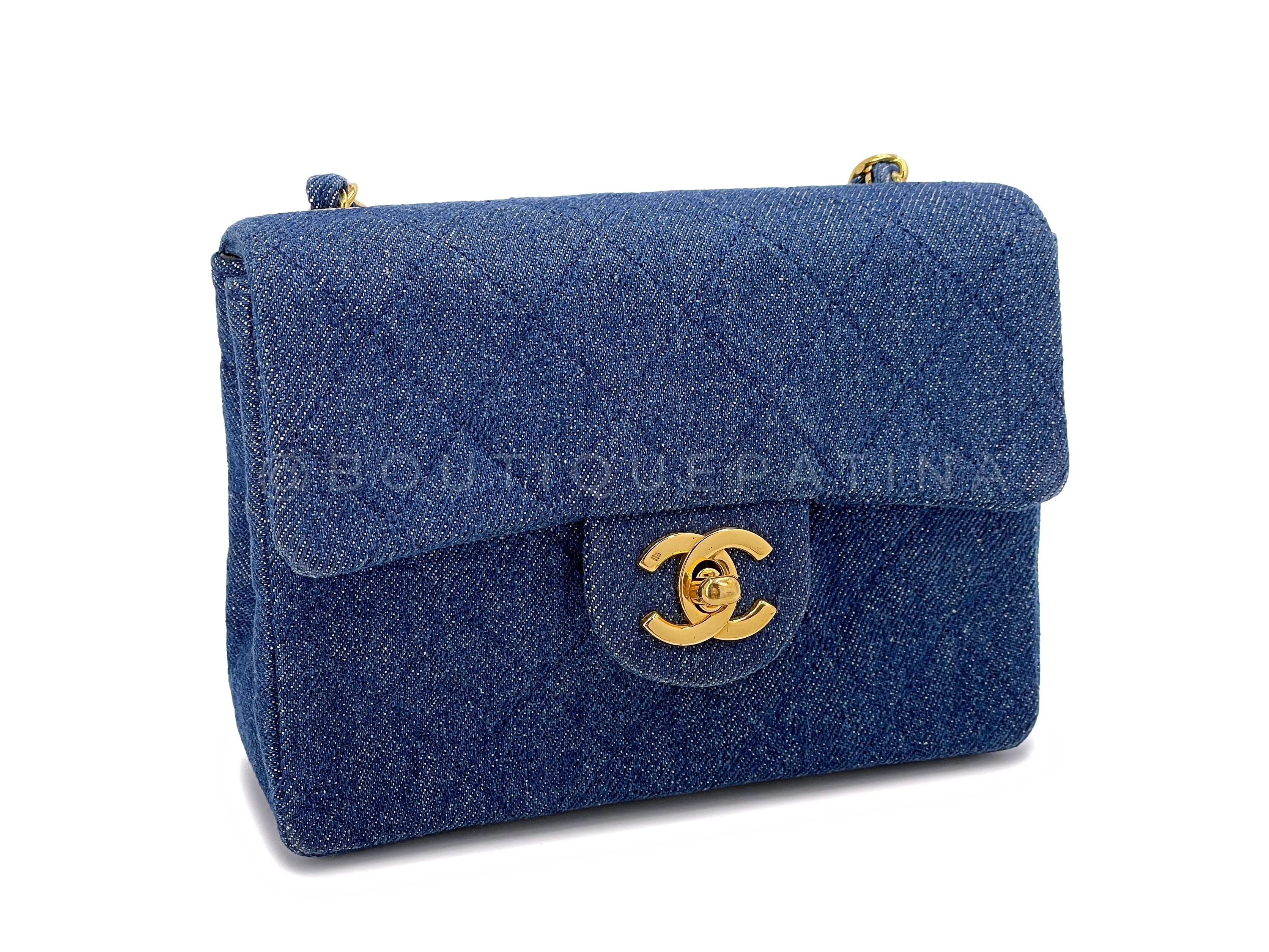 Chanel 1990 Vintage Dark Blue Denim Square Mini Flap Bag 24k GHW