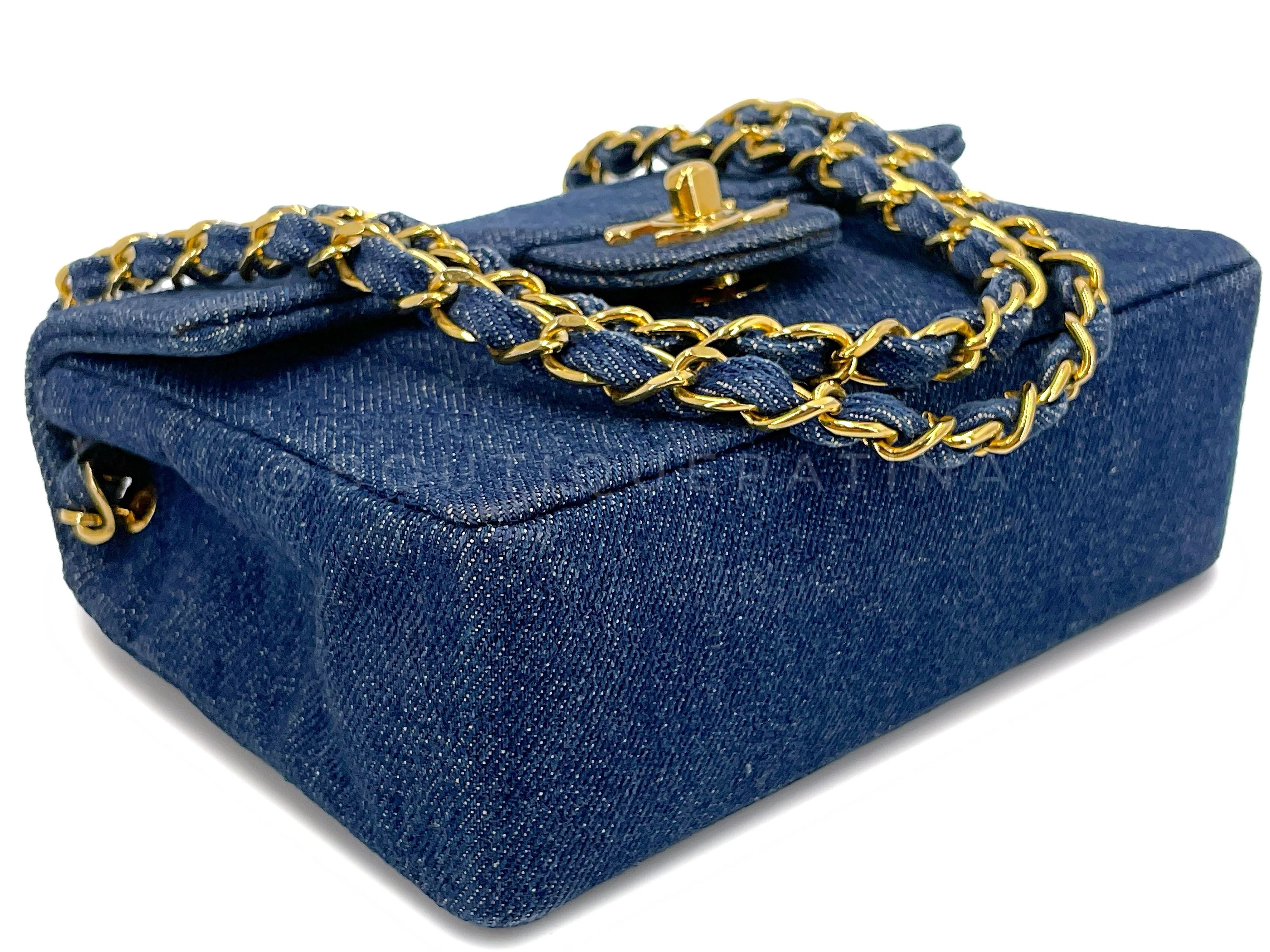 Chanel 1990 Vintage Dark Blue Denim Square Mini Flap Bag 24k GHW