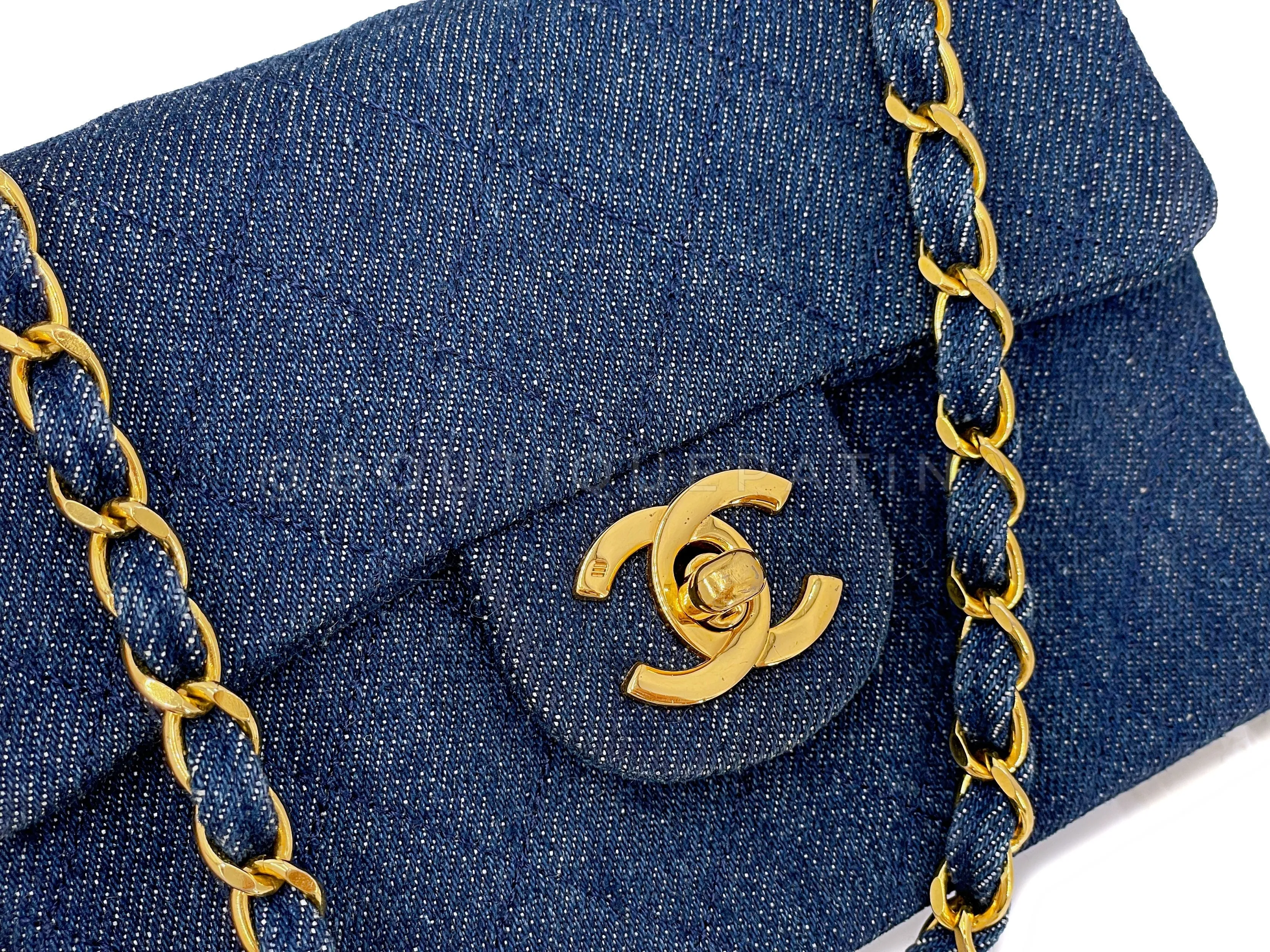 Chanel 1990 Vintage Dark Blue Denim Square Mini Flap Bag 24k GHW